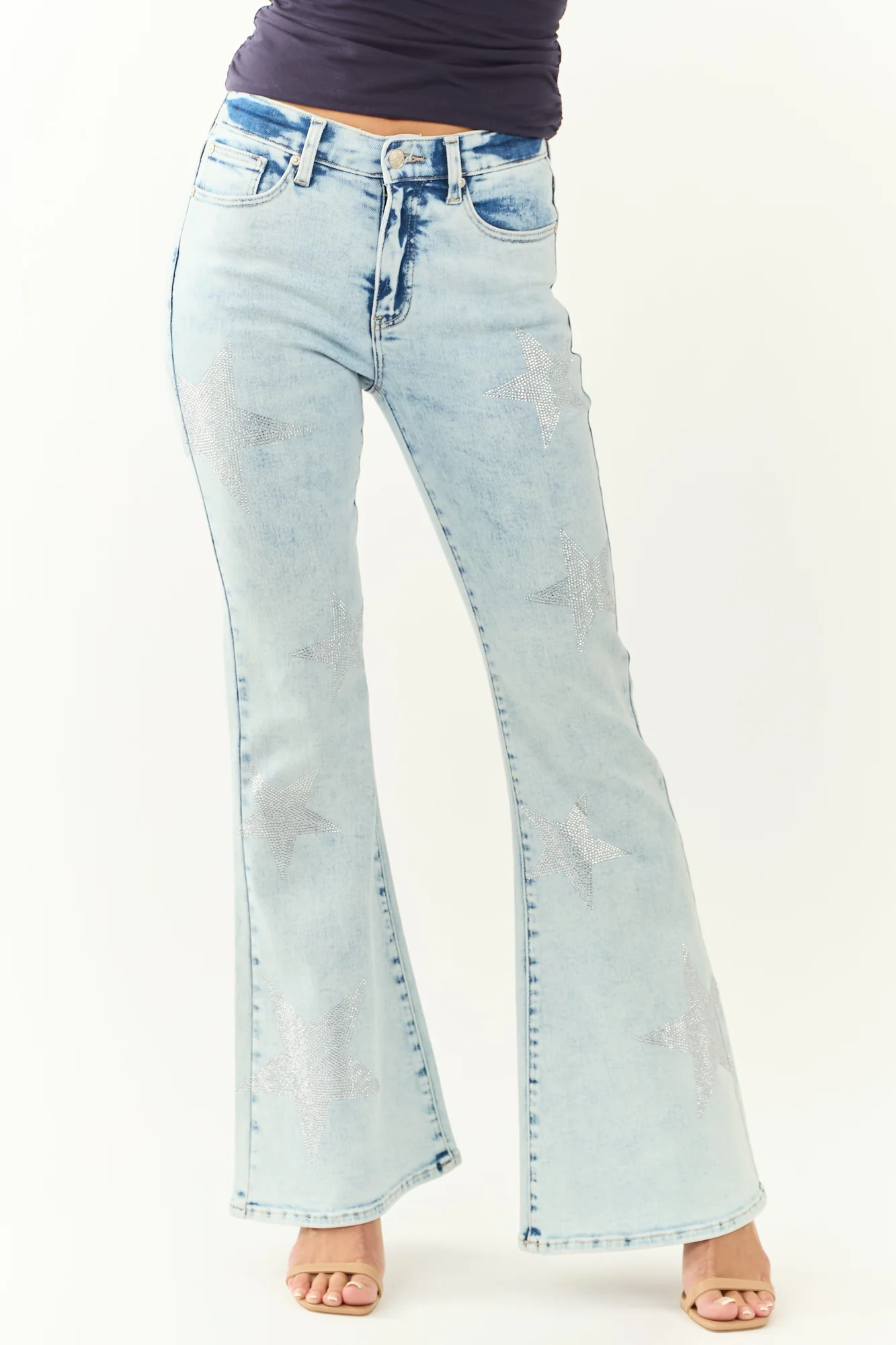 Star Pattern Light Wash Flare Jeans with Tummy Control