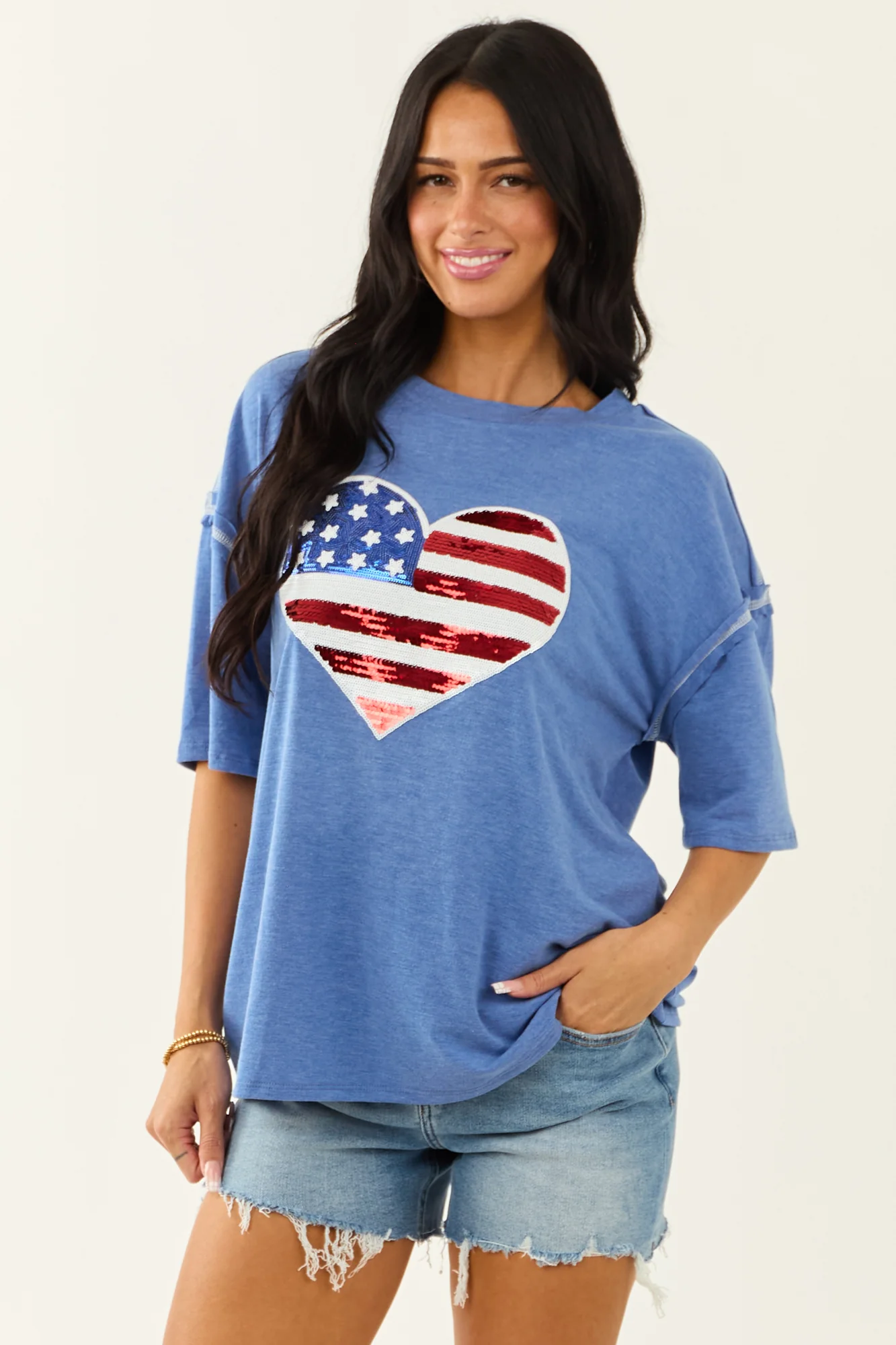 Sequined Heart Flag Knit Top in Dusty Blue