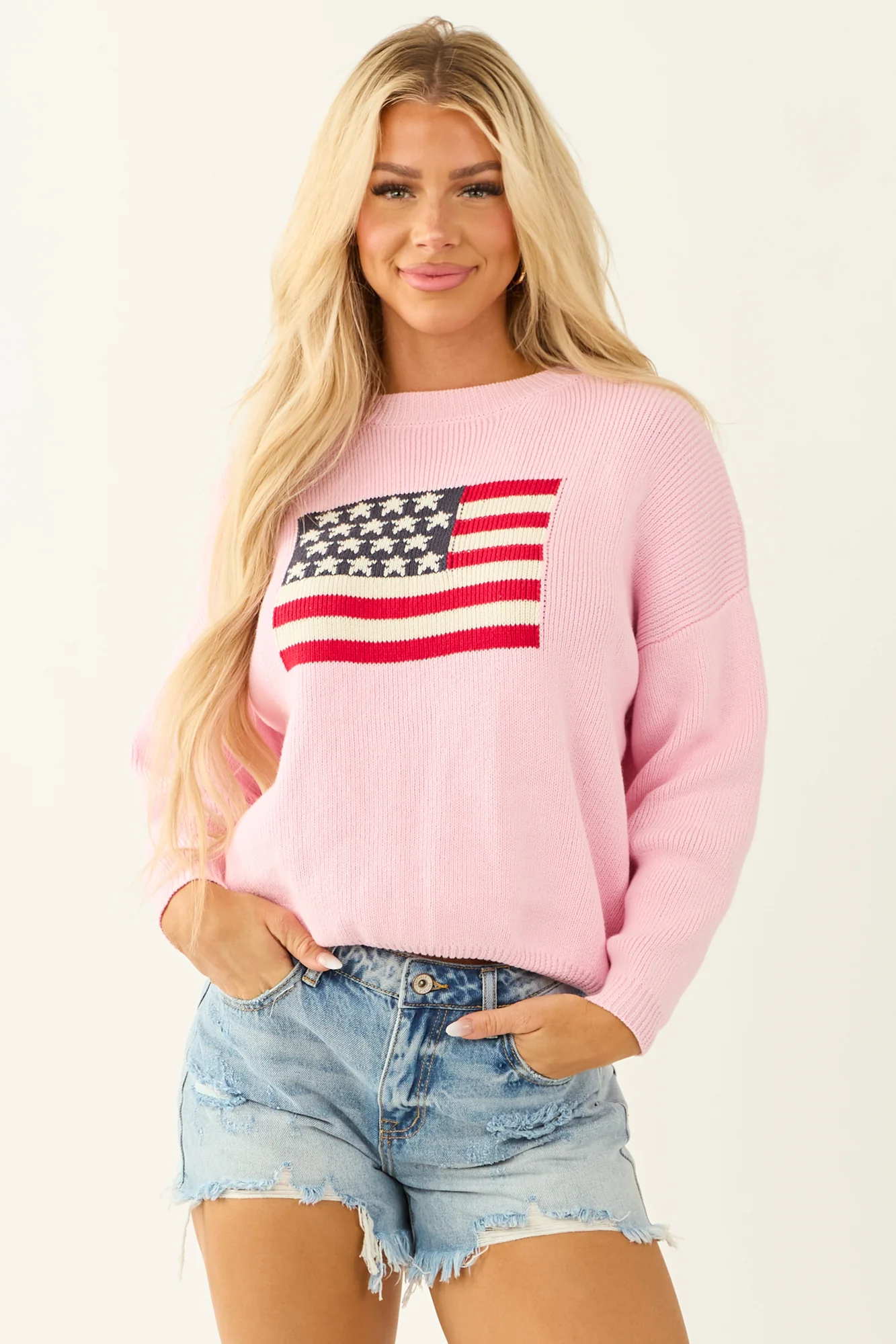 American Flag Print Cotton Sweater Navy Red Cream