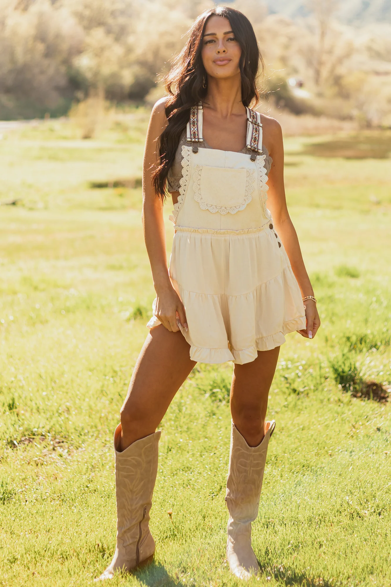 Cotton Lace Trim Tiered Romper Dress