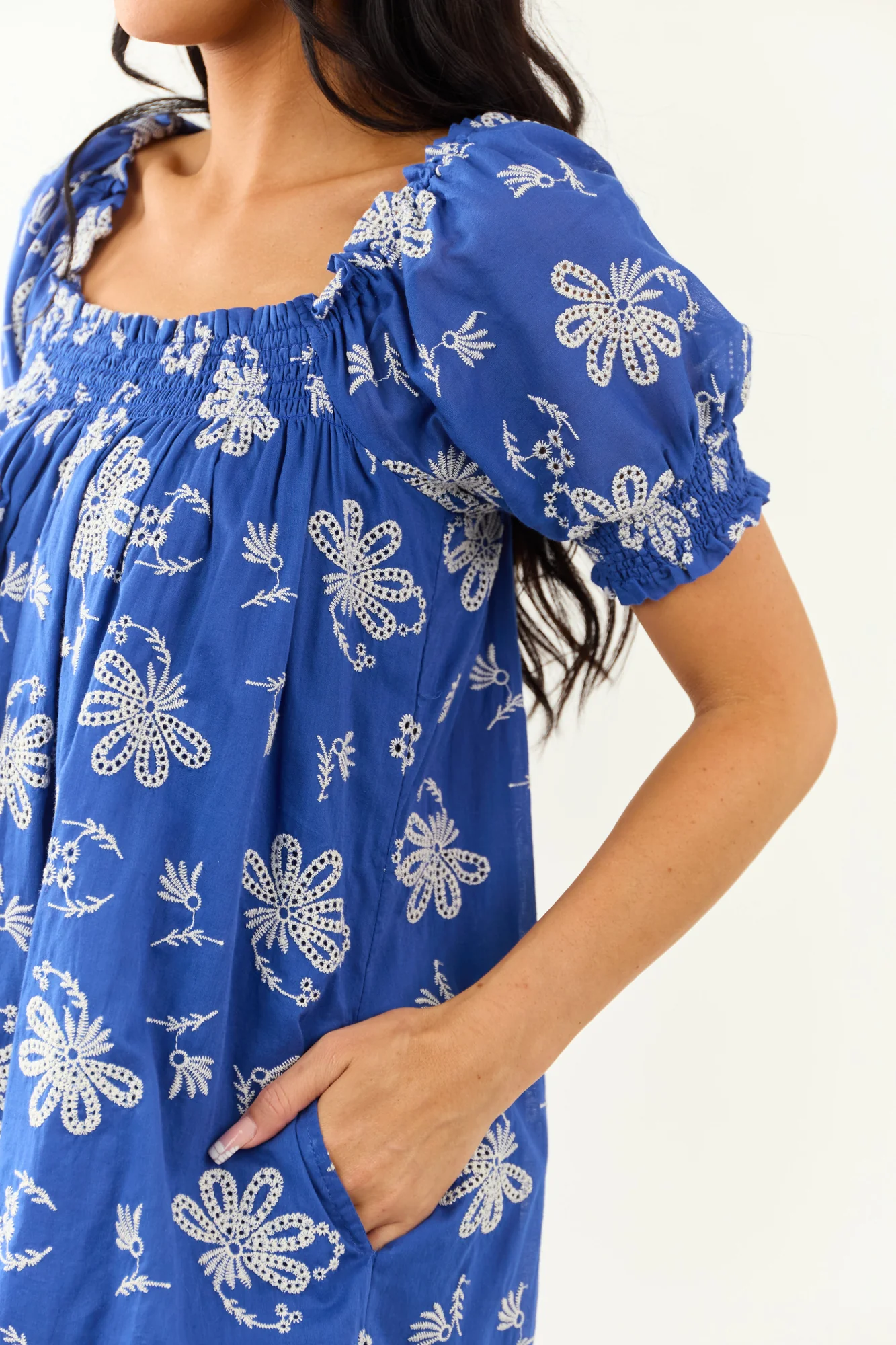 Floral Embroidered Puff Sleeve Short Dress in Royal Blue