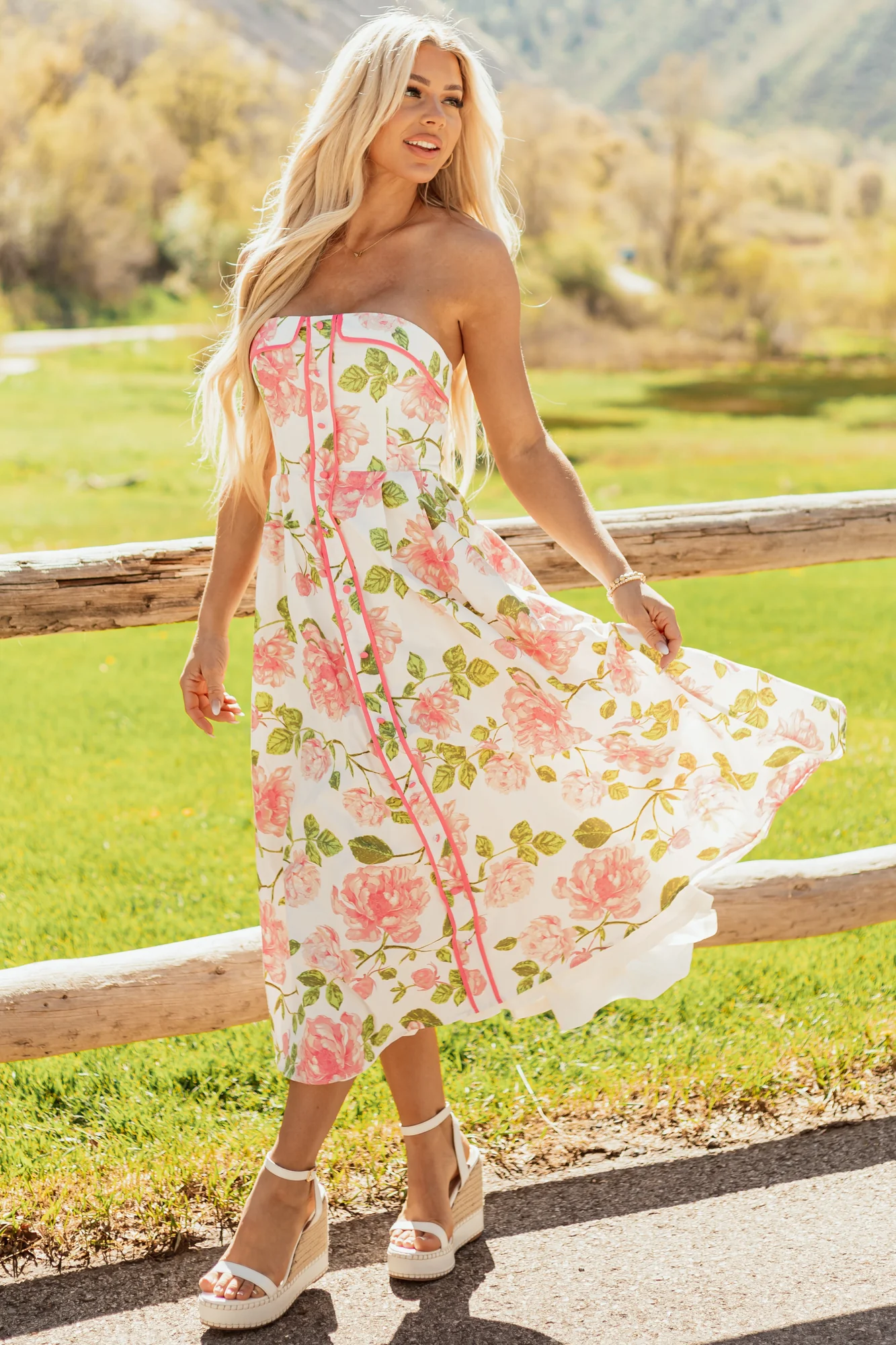 Floral Strapless Cotton Midi Dress in Ivory