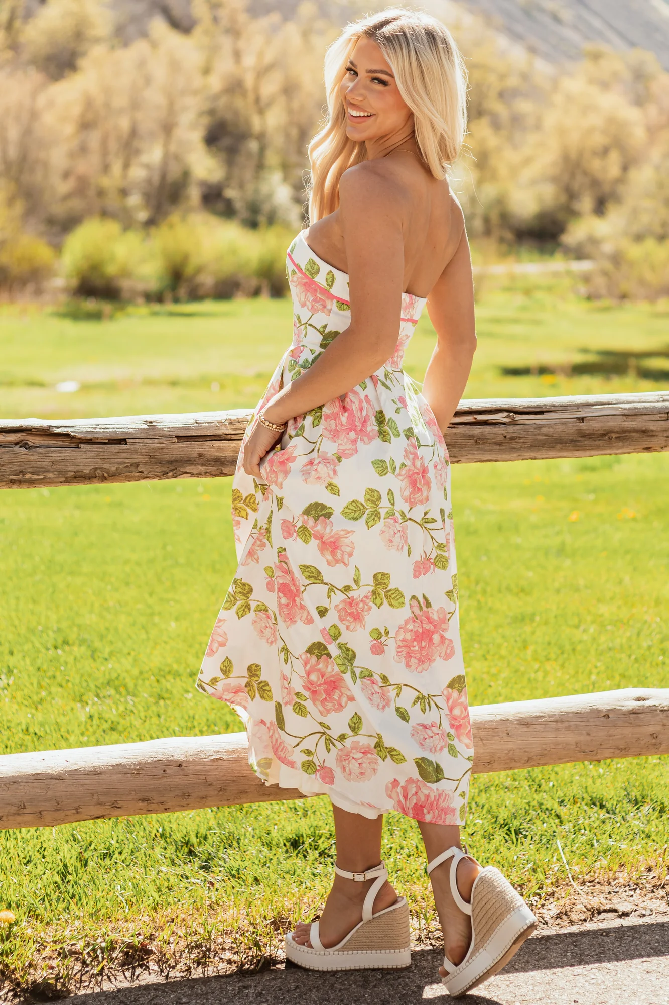 Floral Strapless Cotton Midi Dress in Ivory