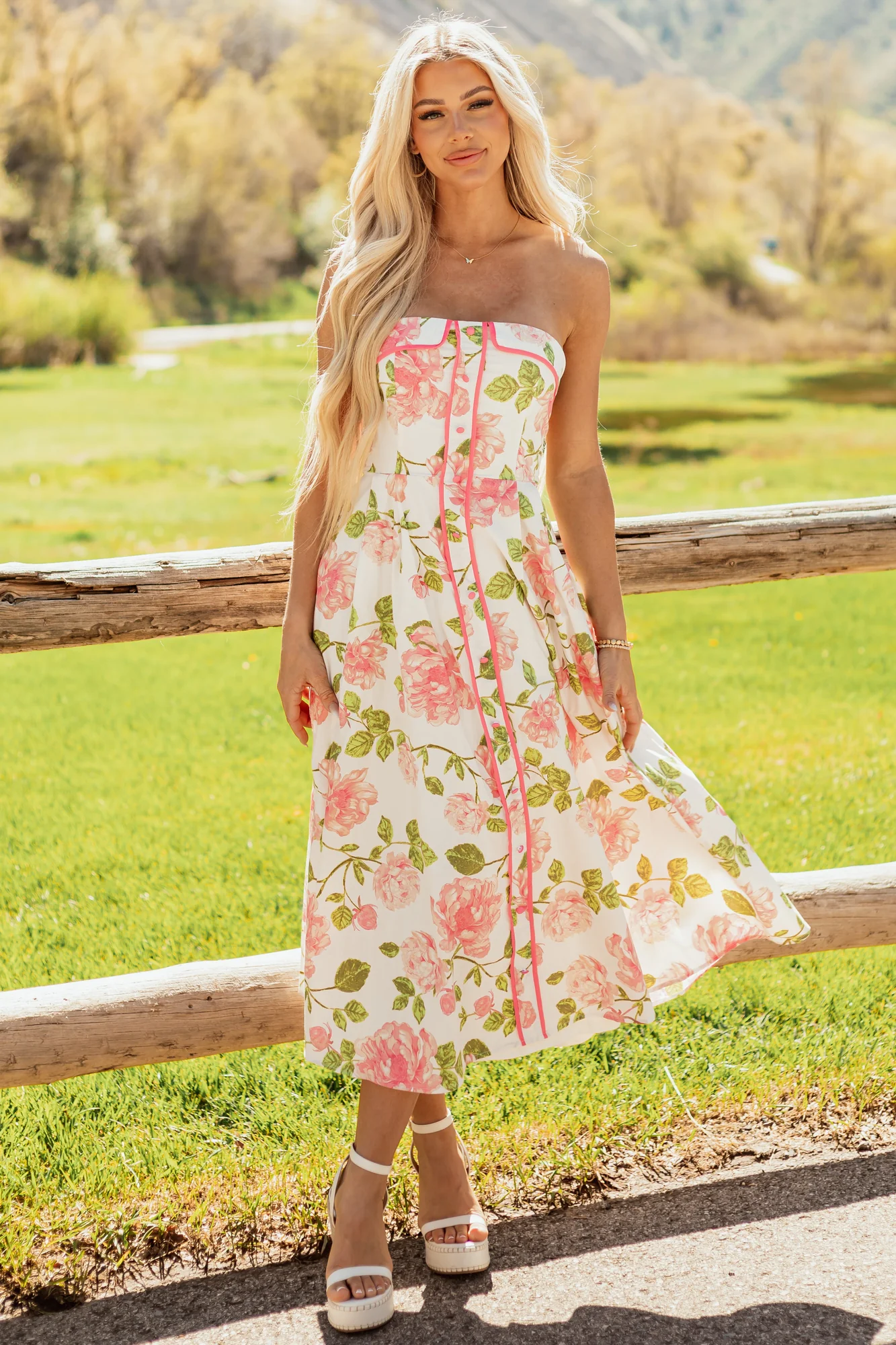 Floral Strapless Cotton Midi Dress in Ivory