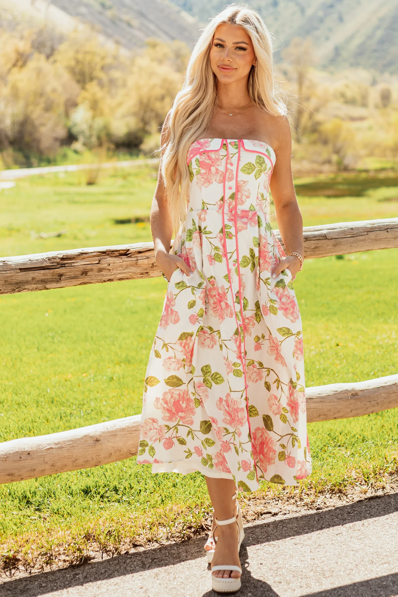 Floral Strapless Cotton Midi Dress in Ivory