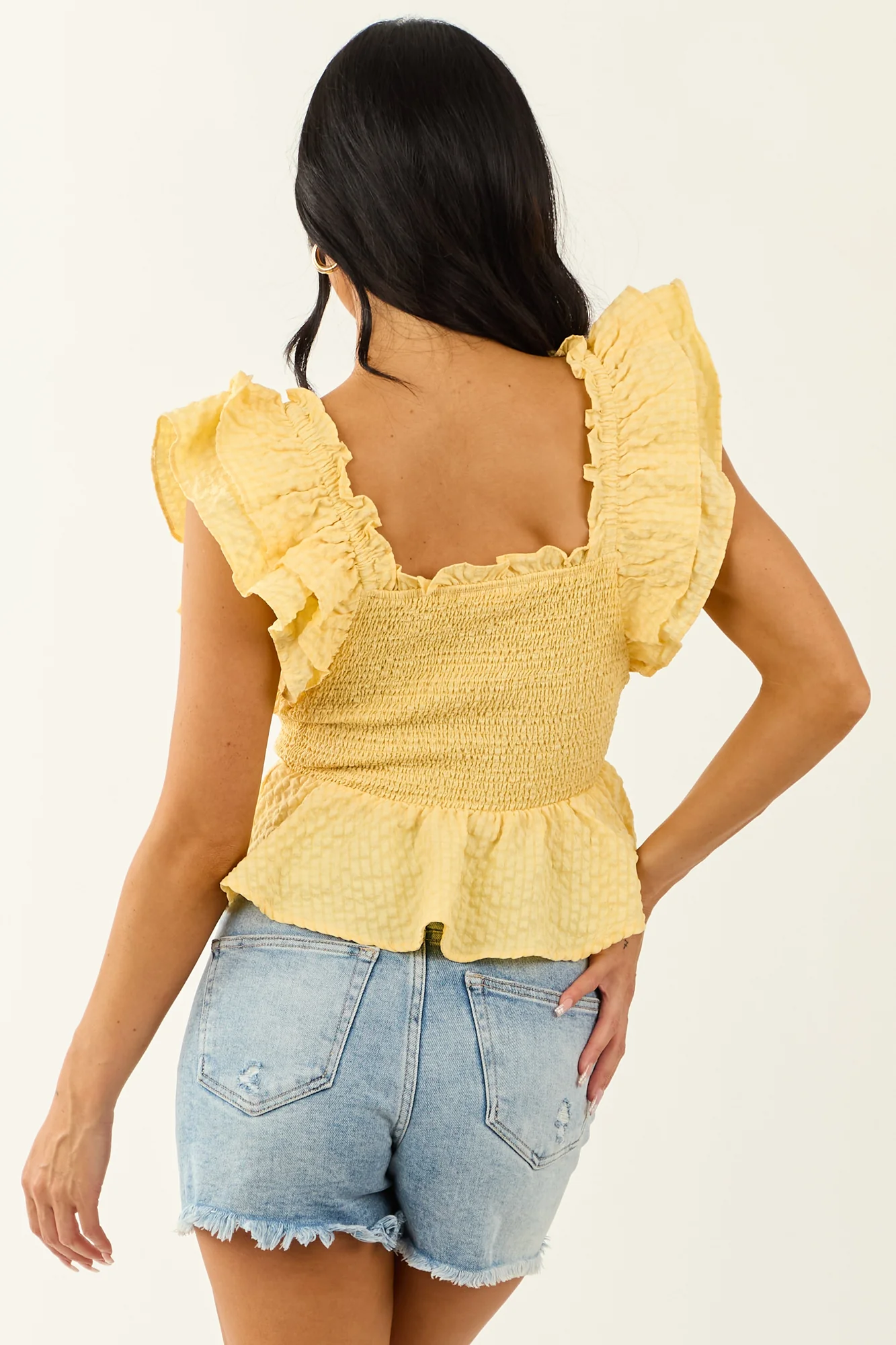 Yellow Gingham Cap Sleeve Ruffle Top