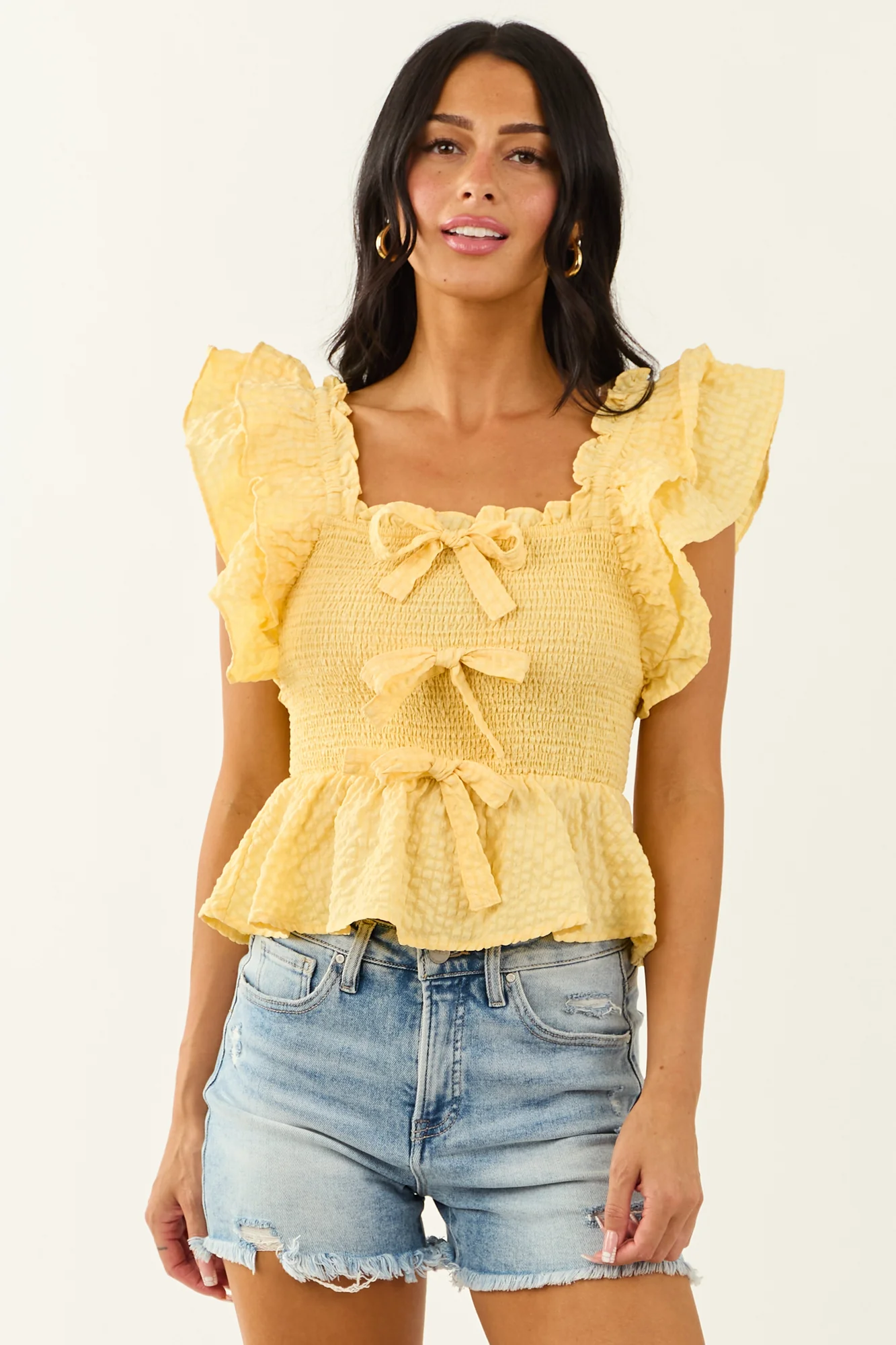 Yellow Gingham Cap Sleeve Ruffle Top