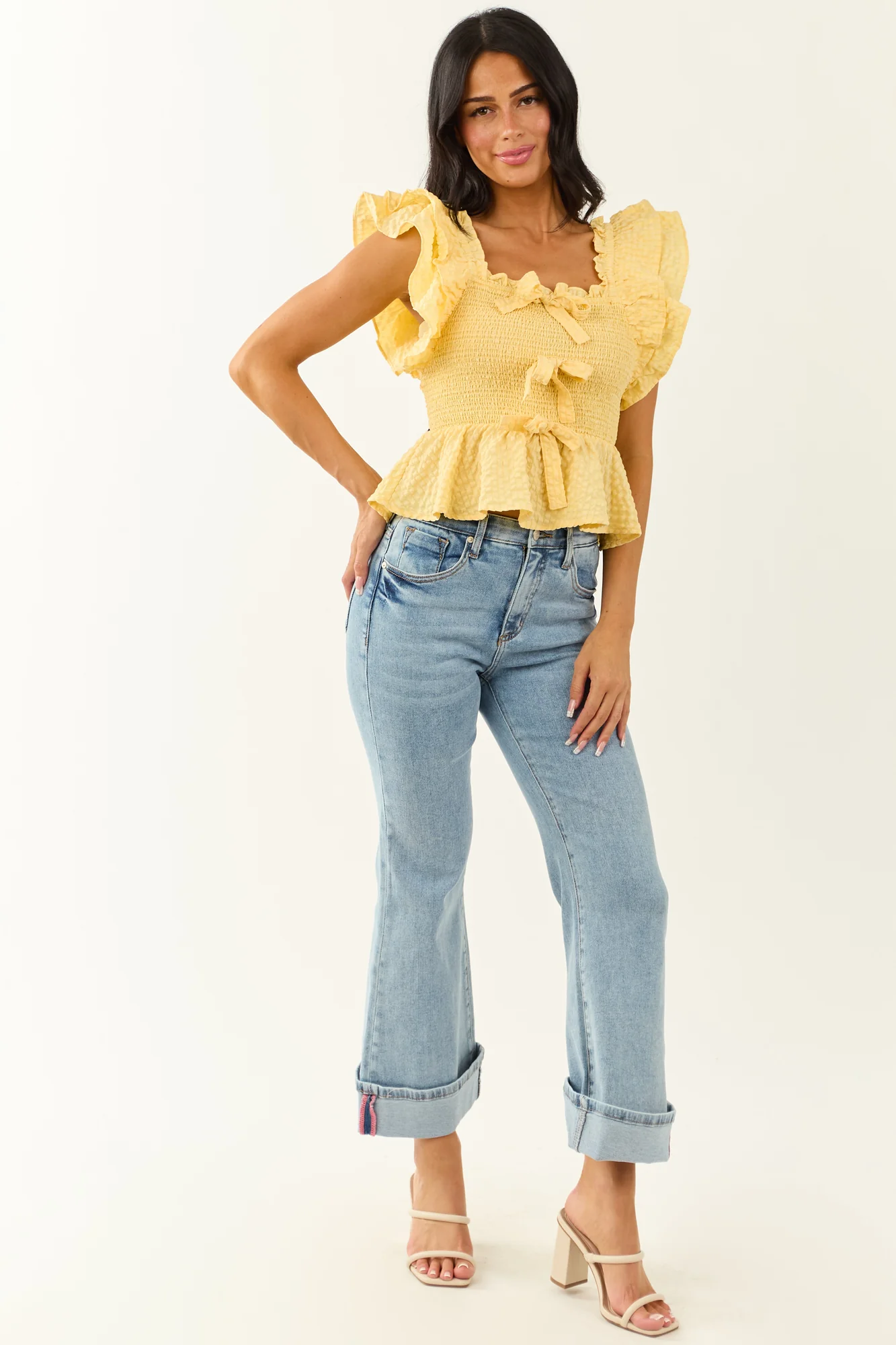 Yellow Gingham Cap Sleeve Ruffle Top