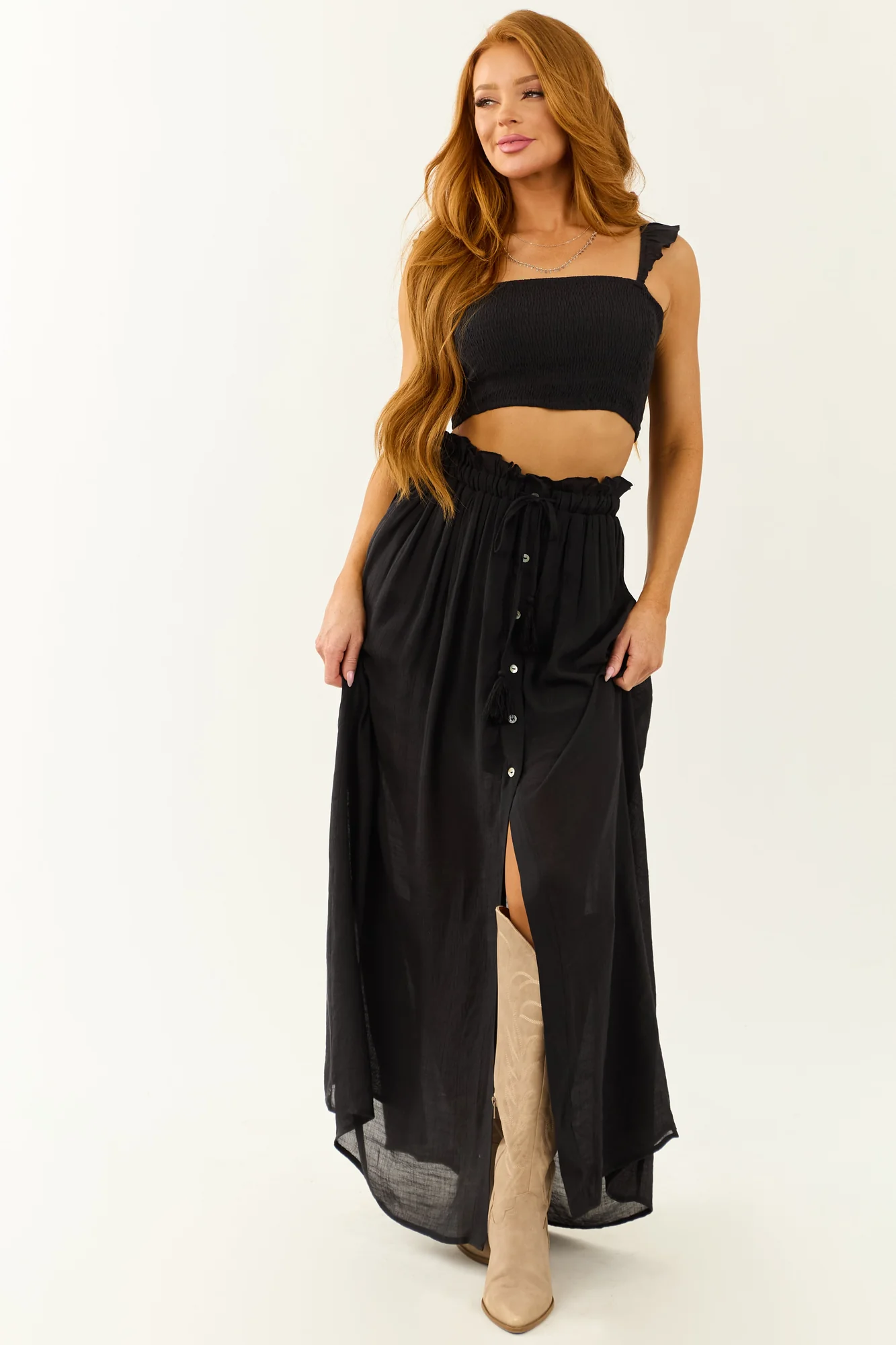 Black Ruffle Strap Maxi Skirt Set