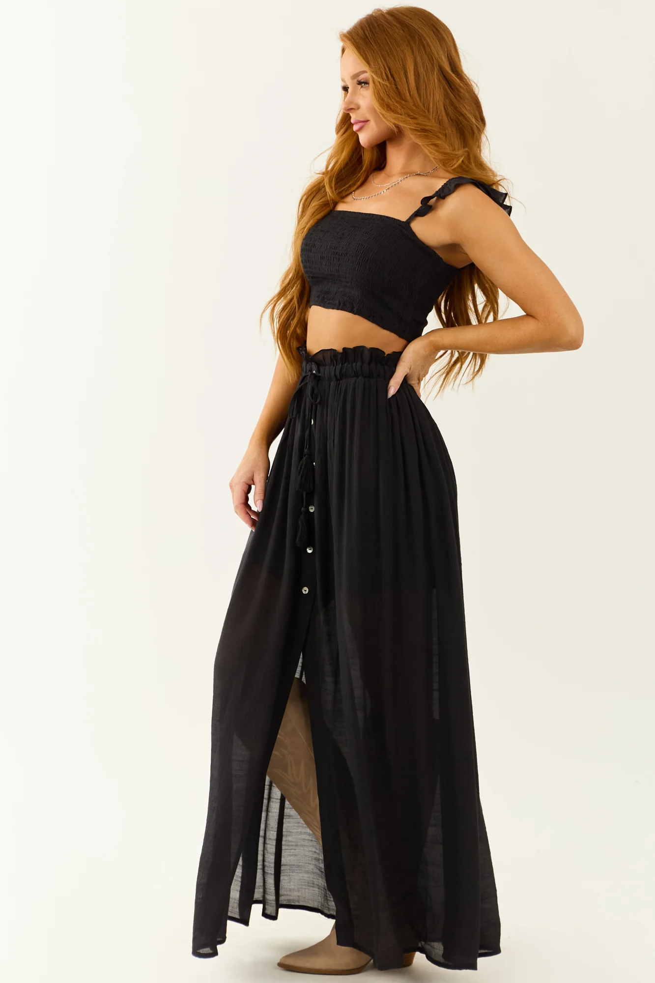Black Ruffle Strap Maxi Skirt Set