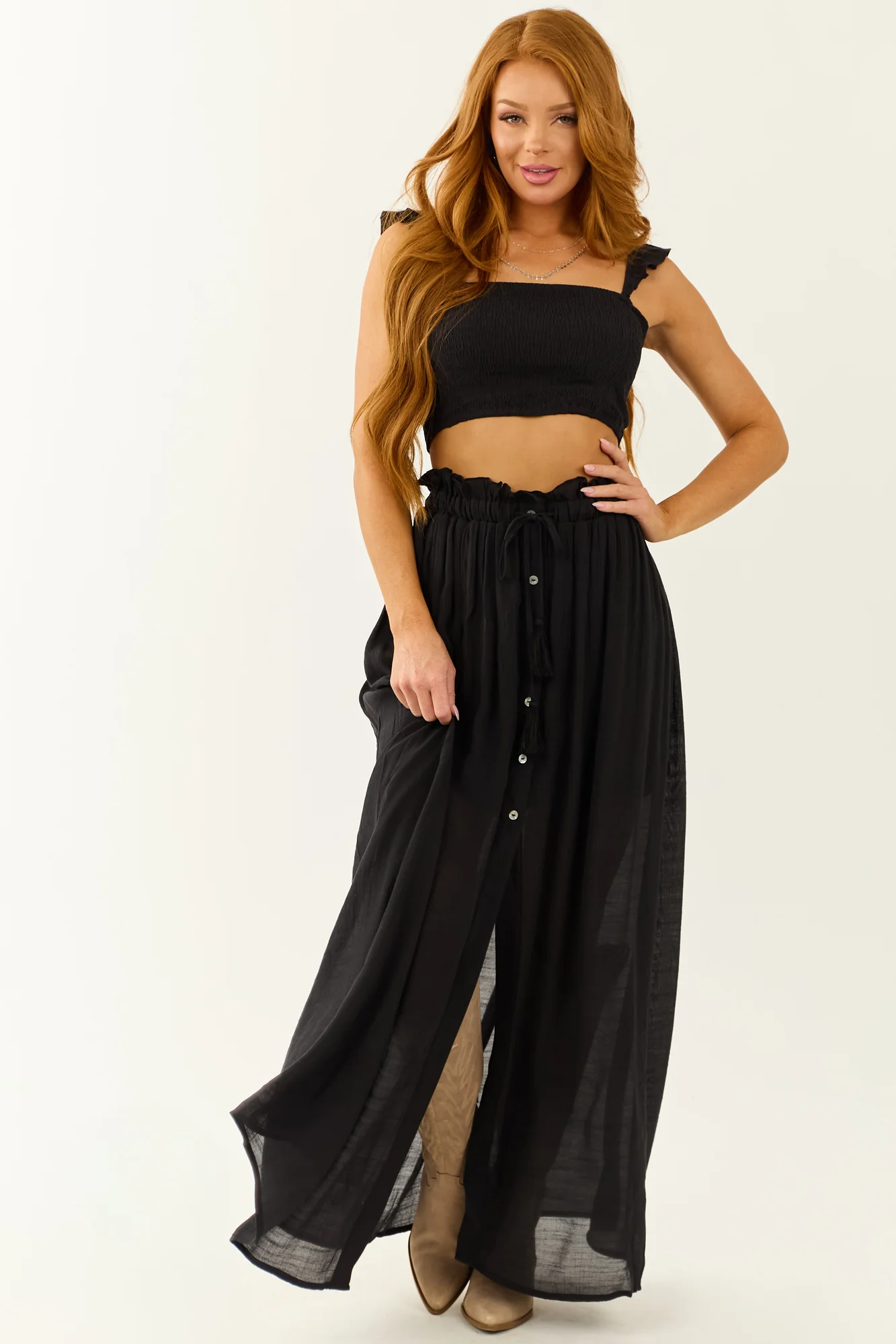 Black Ruffle Strap Maxi Skirt Set