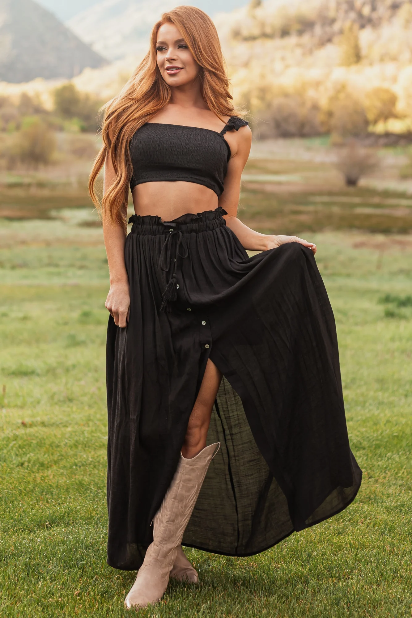 Black Ruffle Strap Maxi Skirt Set