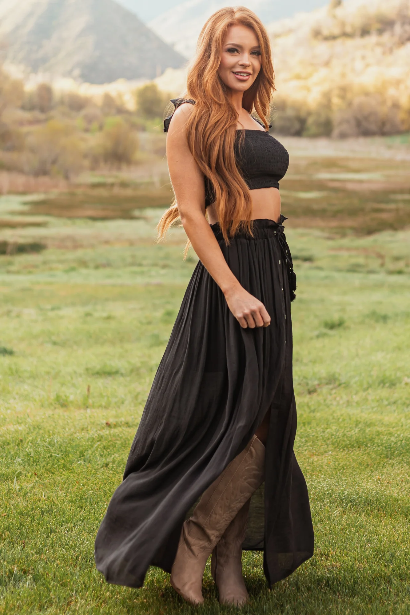 Black Ruffle Strap Maxi Skirt Set