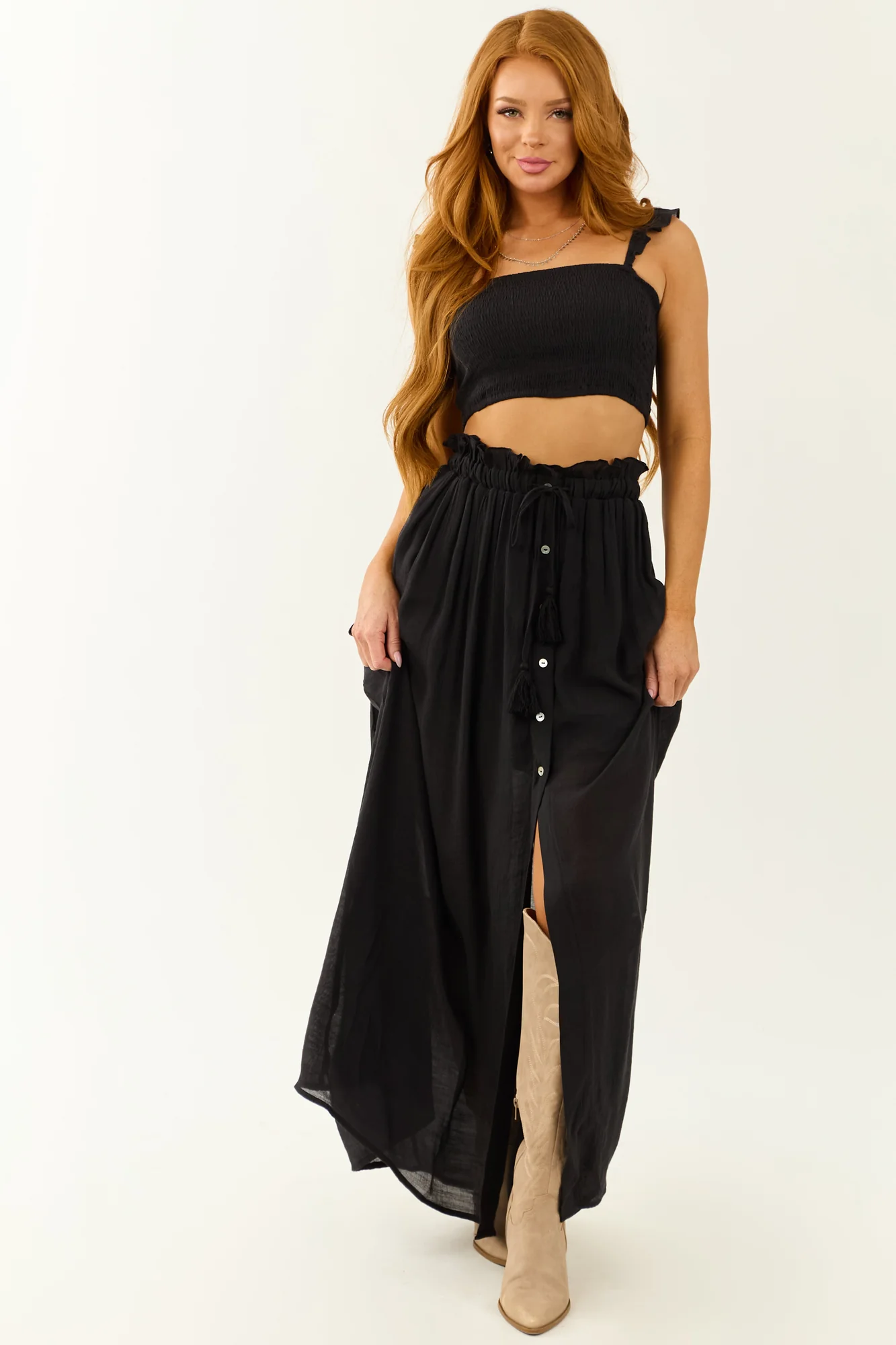 Black Ruffle Strap Maxi Skirt Set