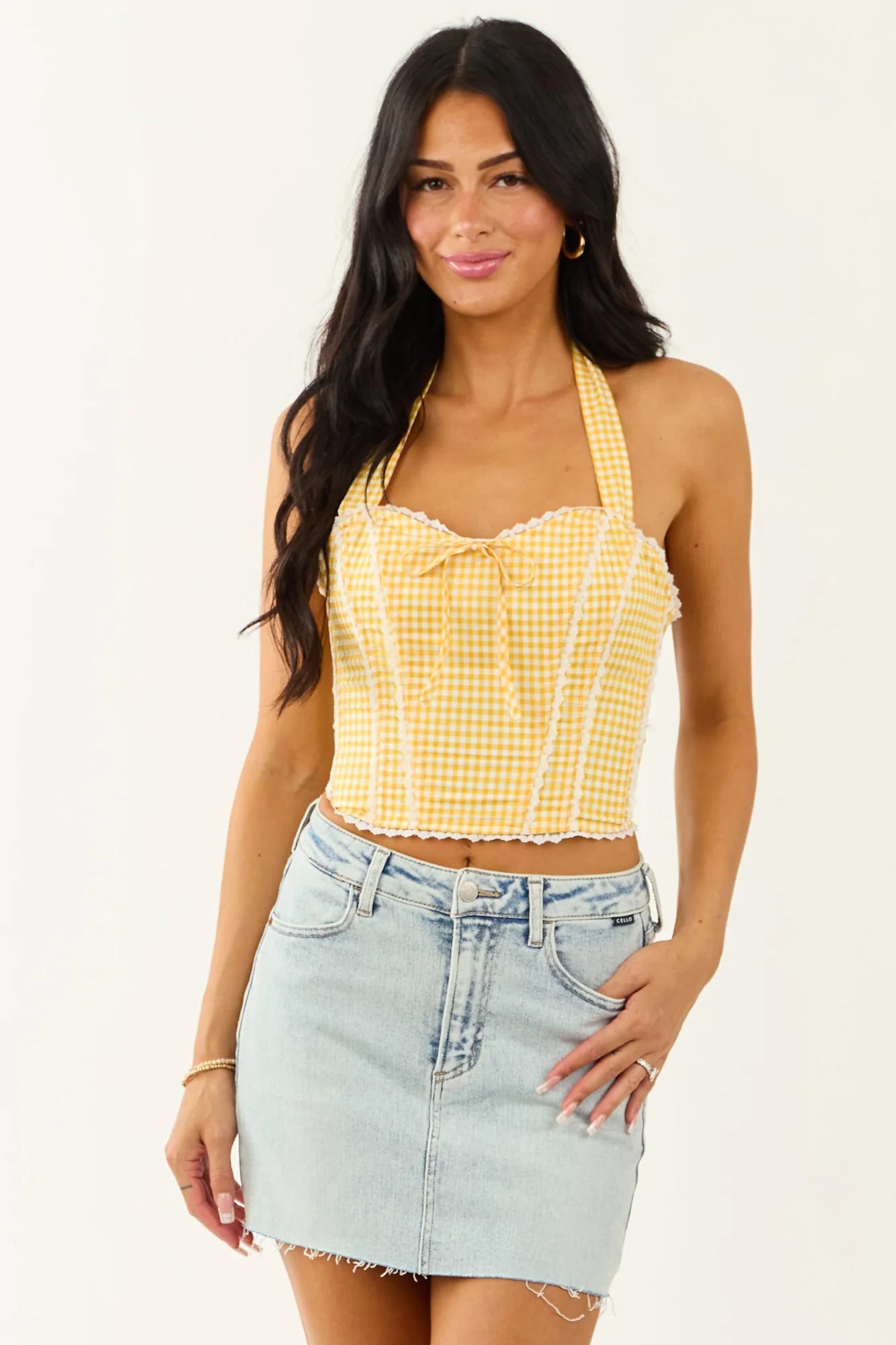 Gingham Halter Neck Cotton Tank Top in Lemon Print