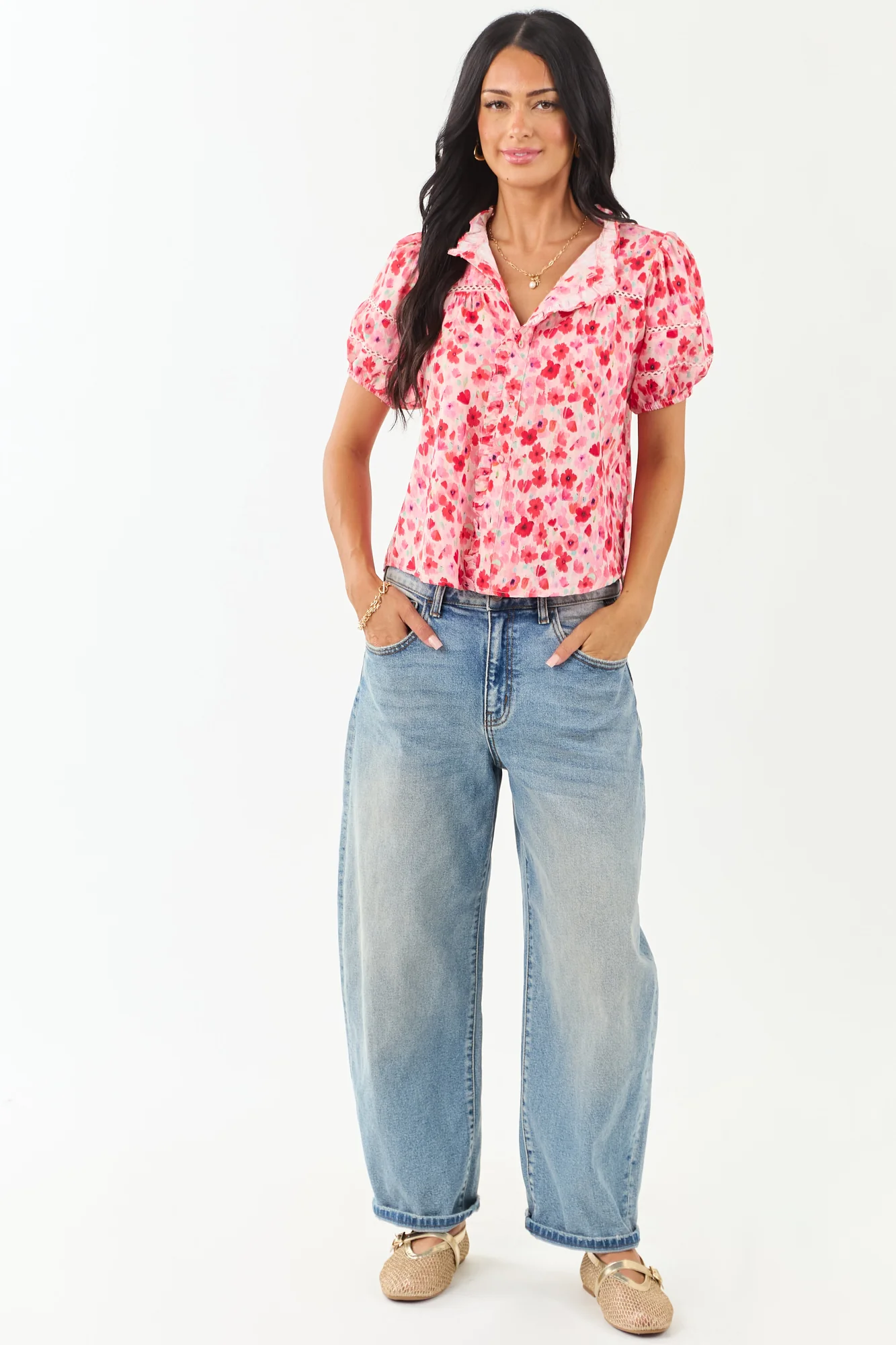 Embroidered Floral Puff Sleeve Blouse in Carnation Pink