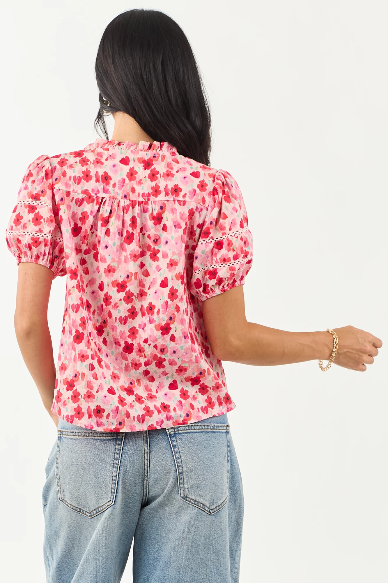 Embroidered Floral Puff Sleeve Blouse in Carnation Pink
