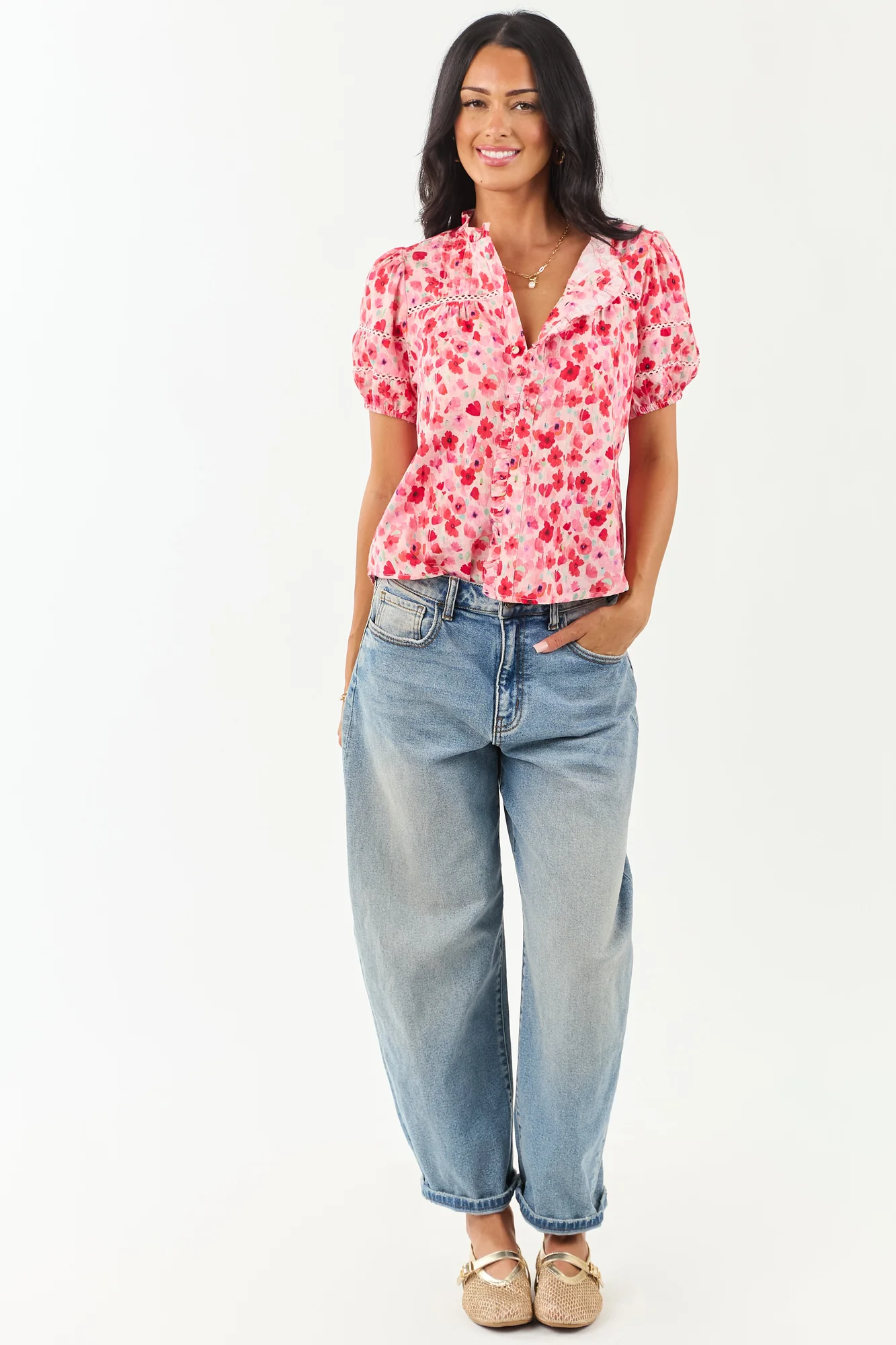 Embroidered Floral Puff Sleeve Blouse in Carnation Pink