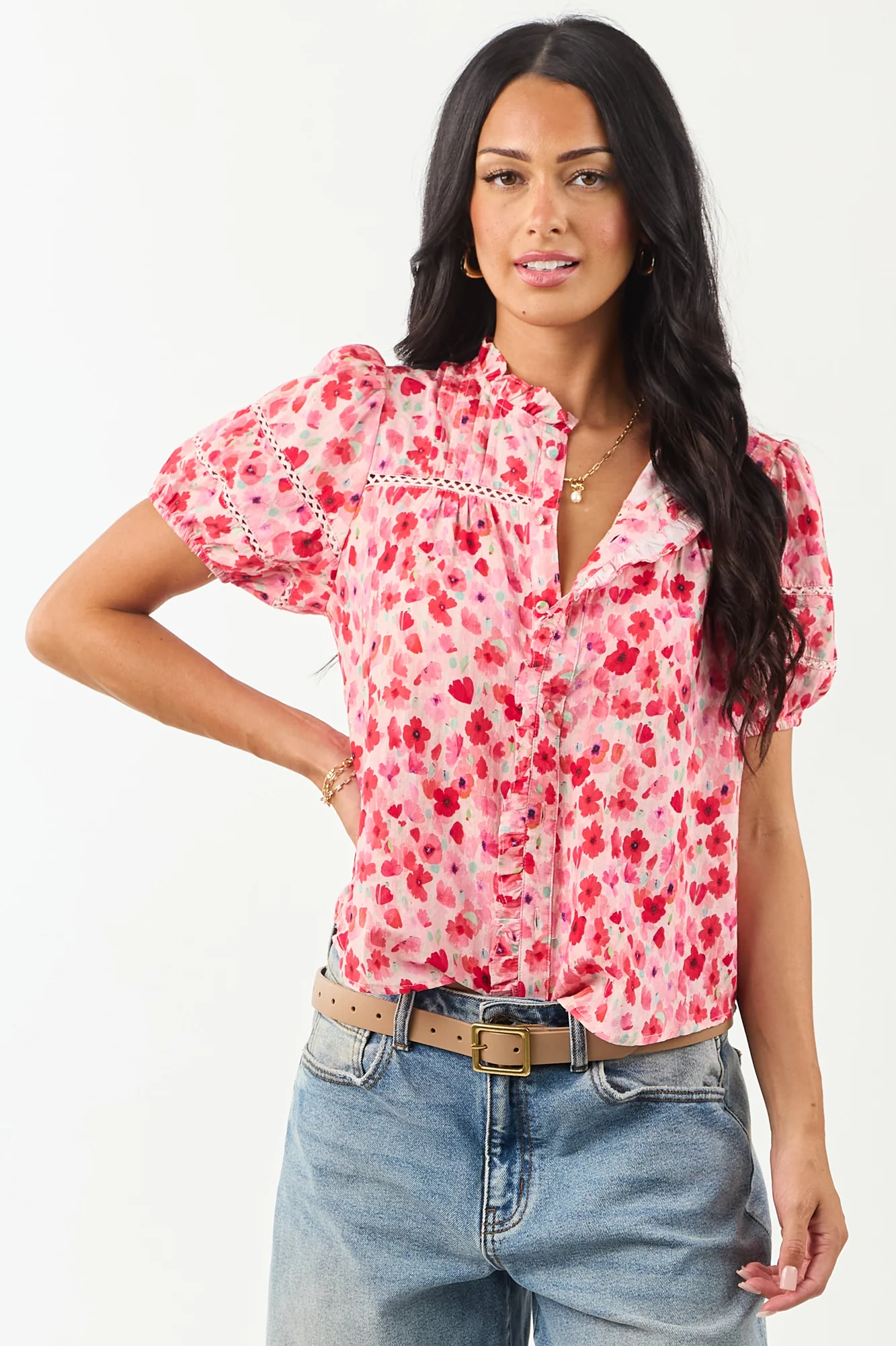 Embroidered Floral Puff Sleeve Blouse in Carnation Pink