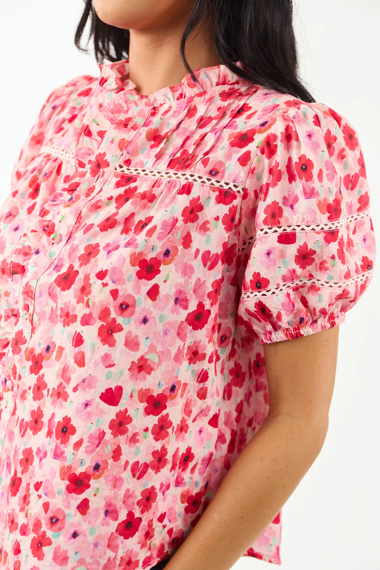 Embroidered Floral Puff Sleeve Blouse in Carnation Pink
