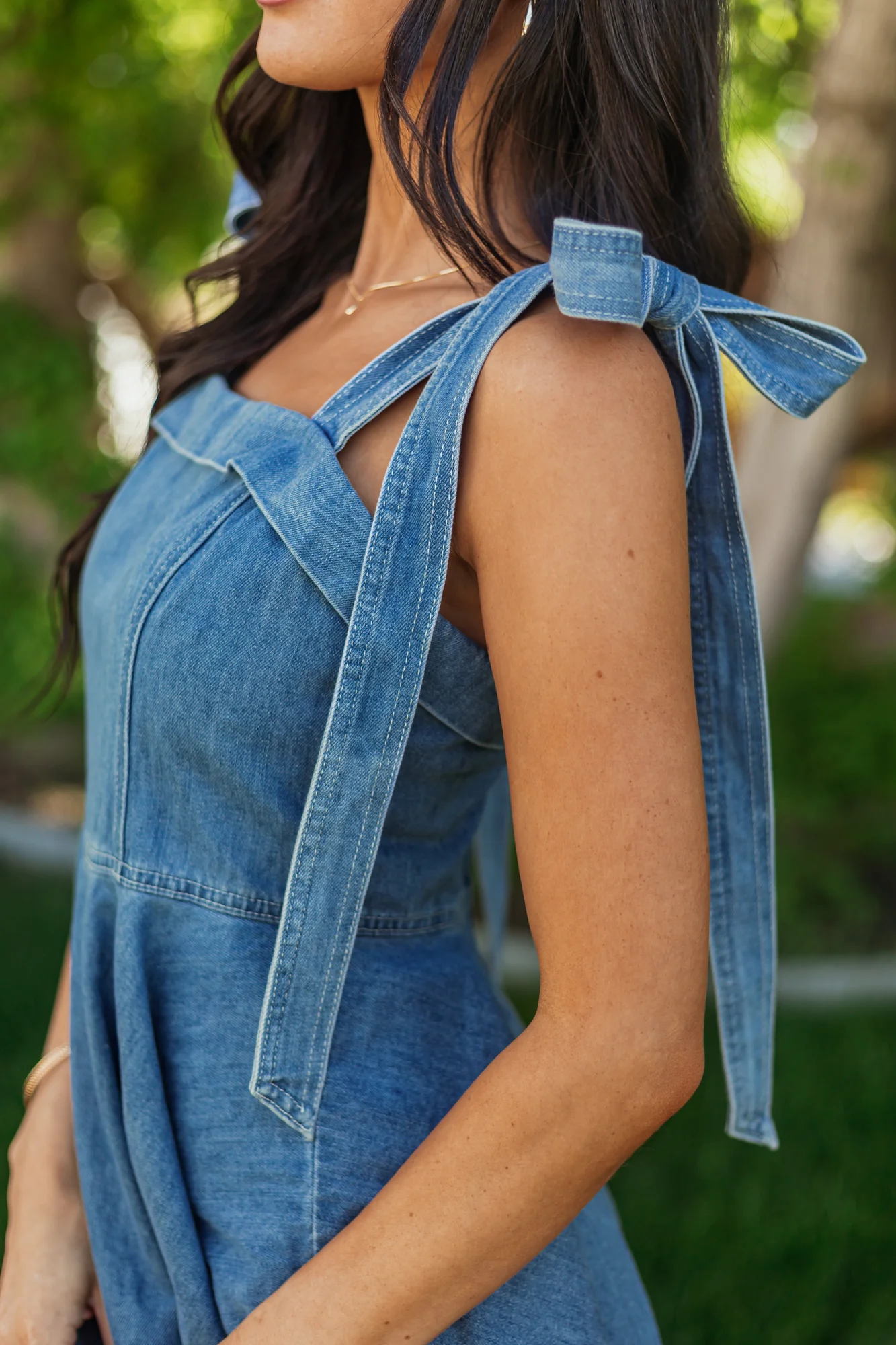 Blue Denim Tie Strap Mini Flare Dress