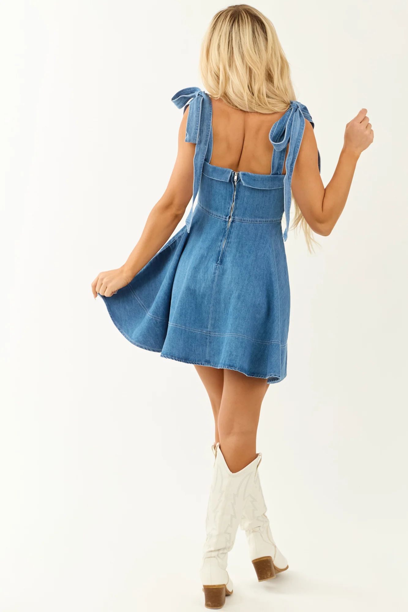 Blue Denim Tie Strap Mini Flare Dress