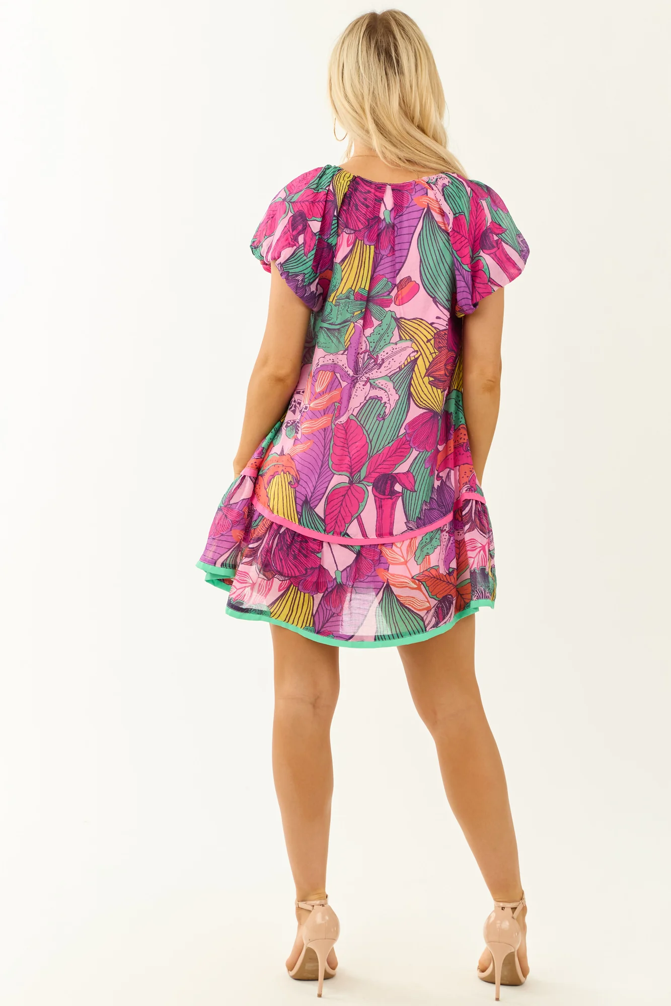 Baby Pink Floral Print Loose Fit Mini Dress