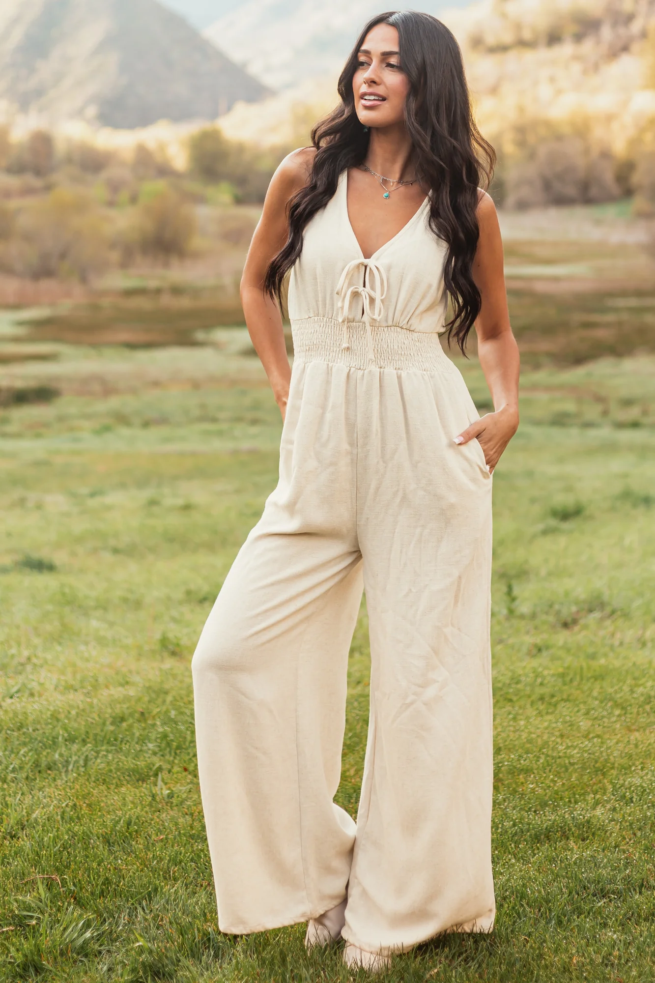 White Linen Smocked Wide-Leg Jumpsuit