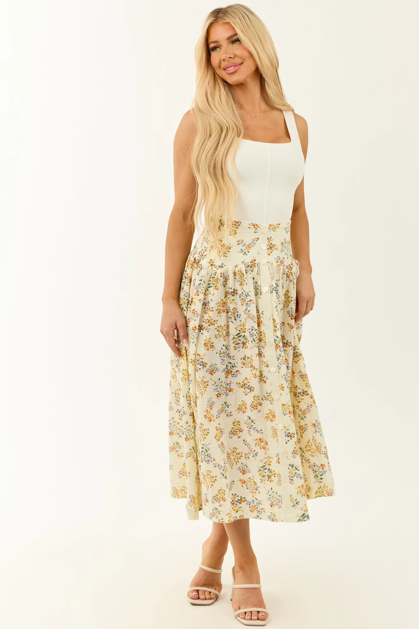Cream Floral Cotton Maxi Skirt