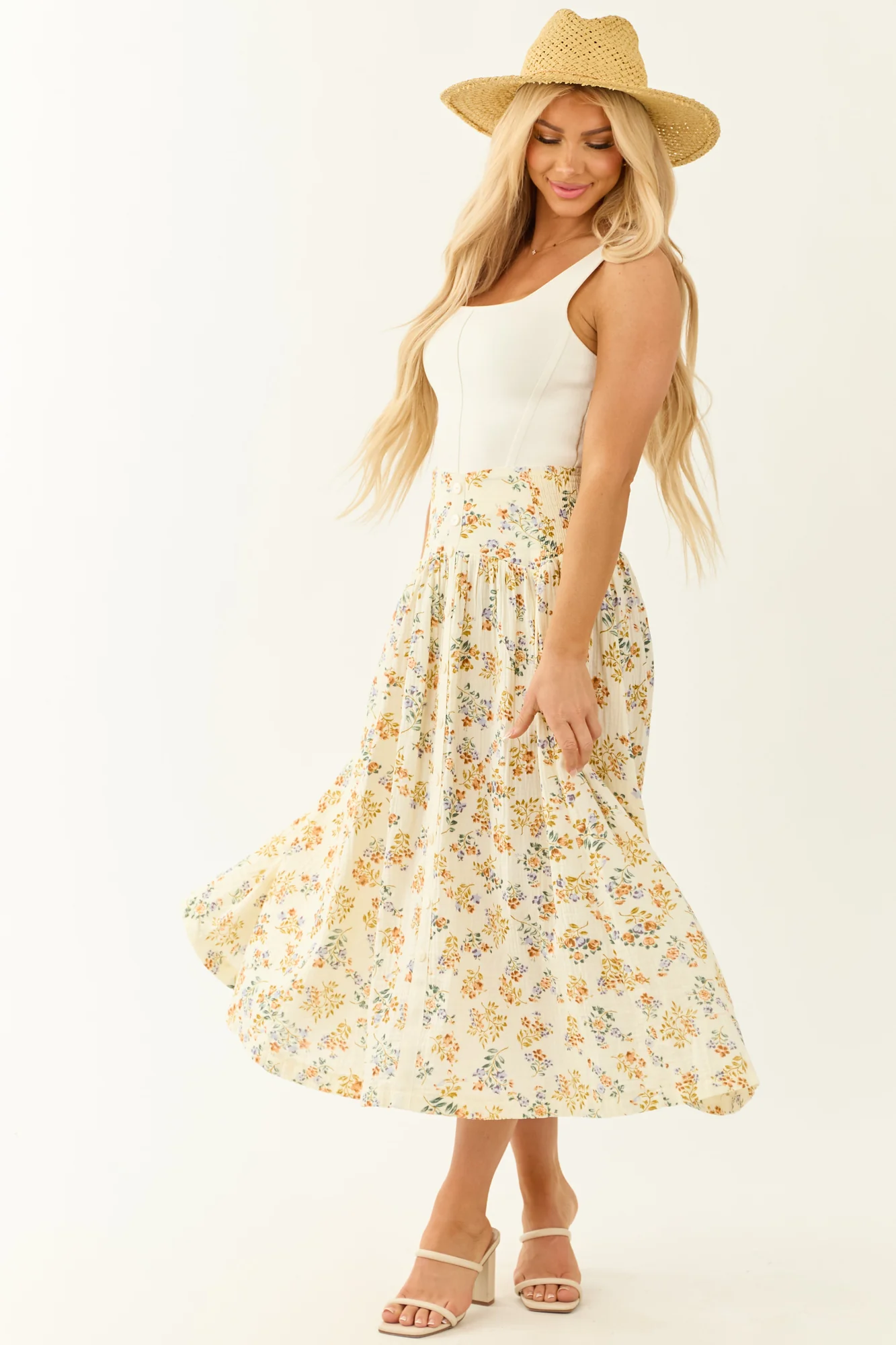 Cream Floral Cotton Maxi Skirt
