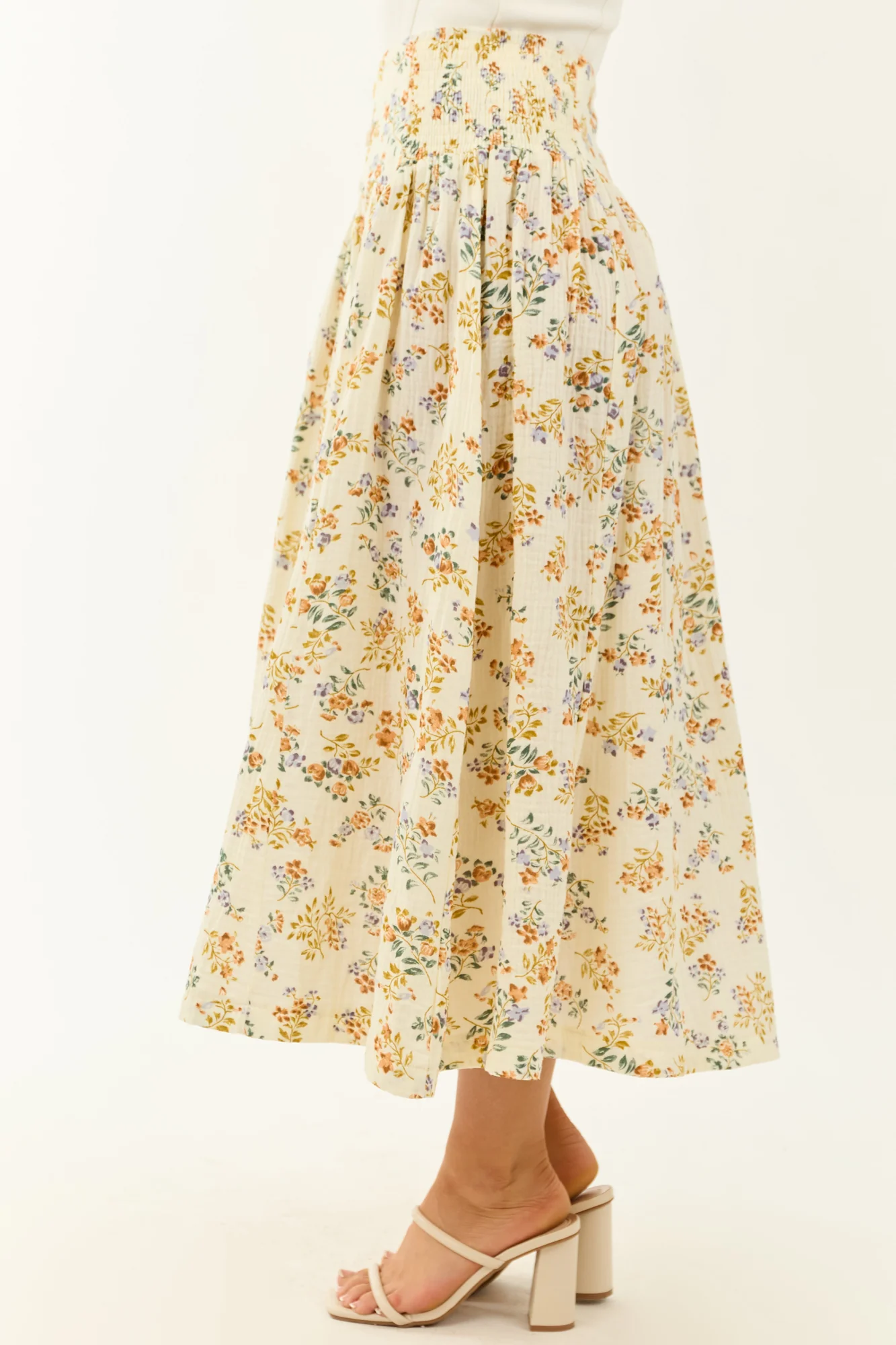 Cream Floral Cotton Maxi Skirt