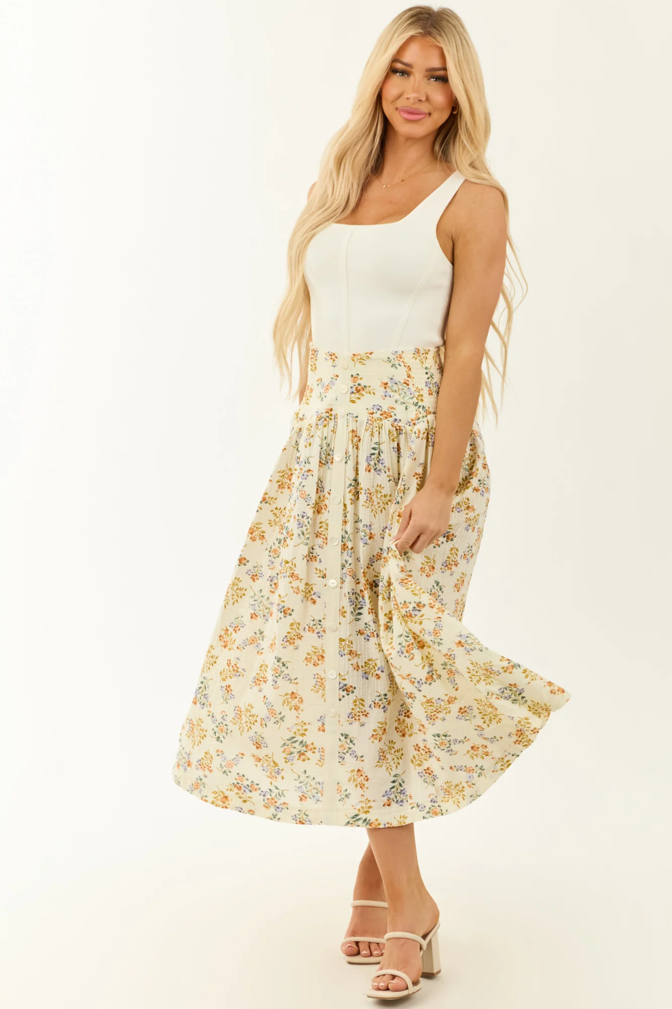 Cream Floral Cotton Maxi Skirt