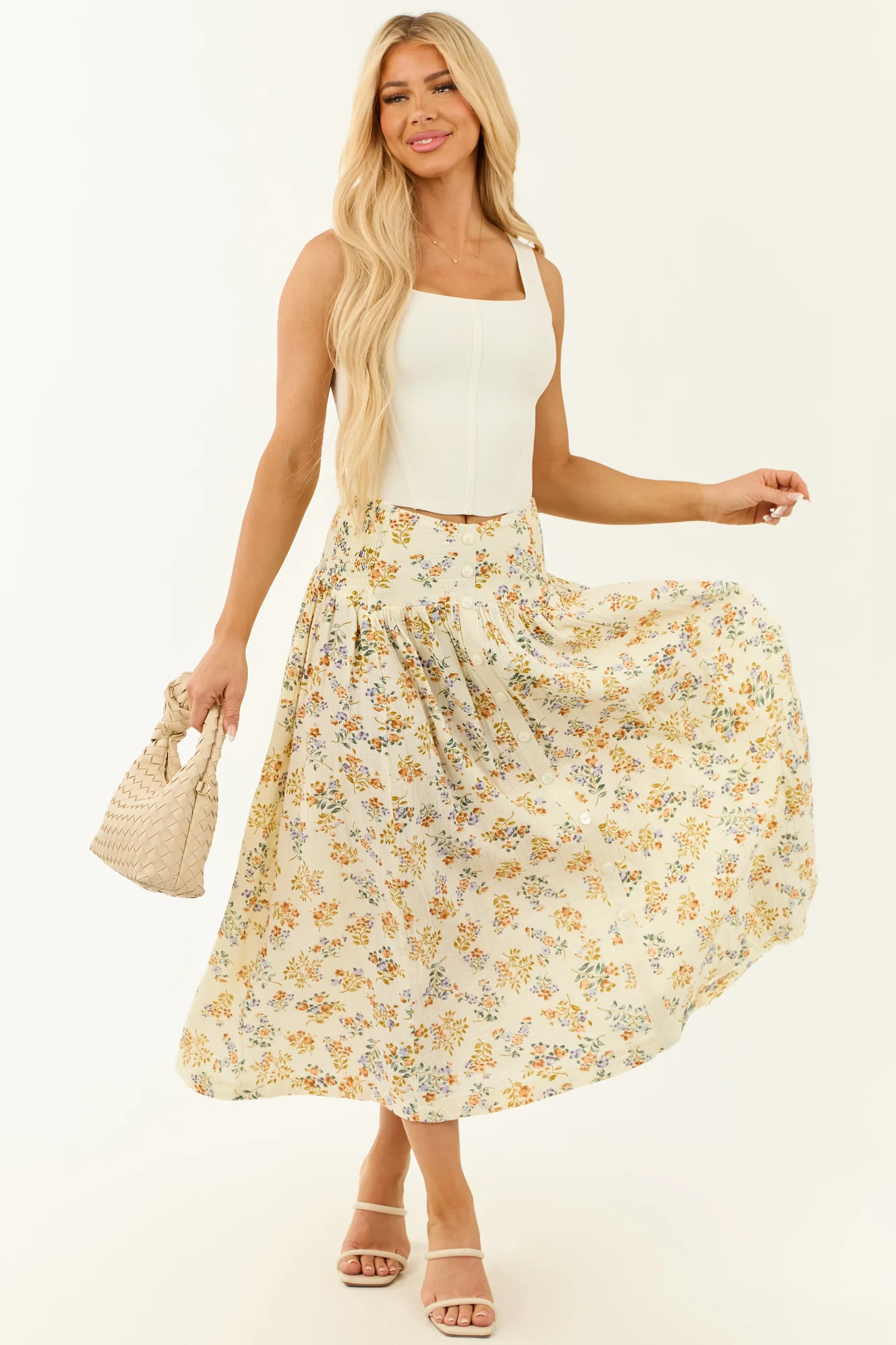 Cream Floral Cotton Maxi Skirt