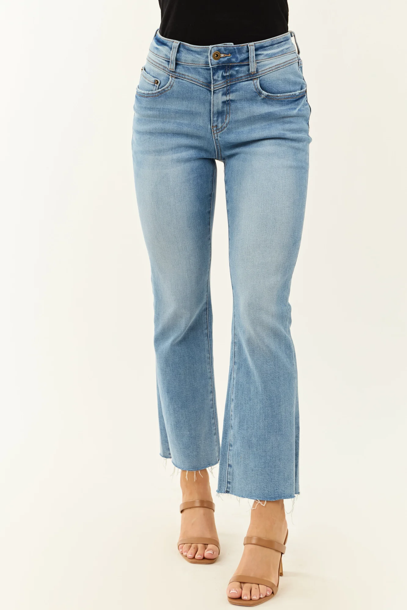 Blue Stretchy Bootcut Jeans with V-Waist & Raw Hem