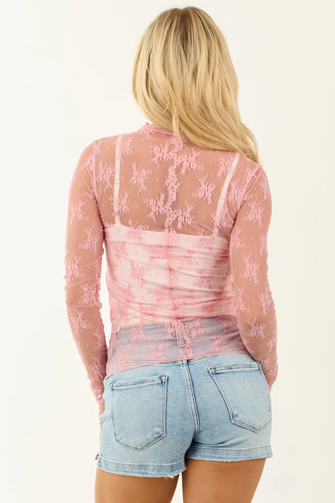 Pink Mesh Lace Mock Neck Top with Thumbholes