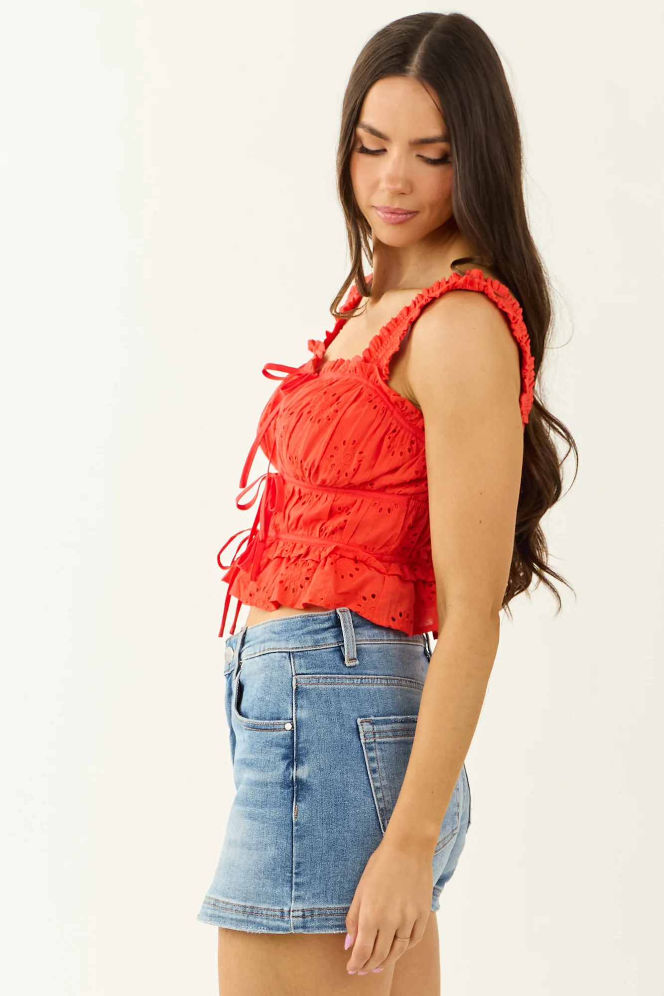 Floral Ruffle Hem Red Tank Top