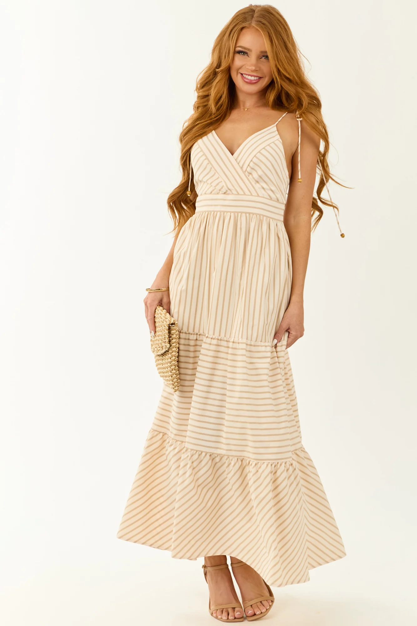 Cream Striped Tiered Maxi Dress with Adjustable Straps