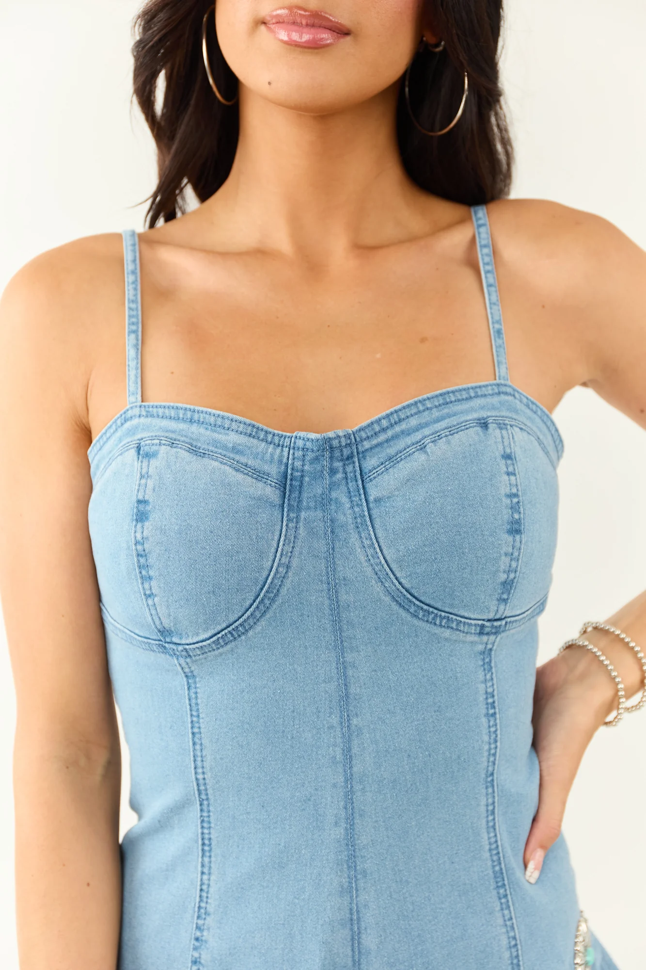 Denim Sweetheart Sleeveless Mini Dress in Light Blue