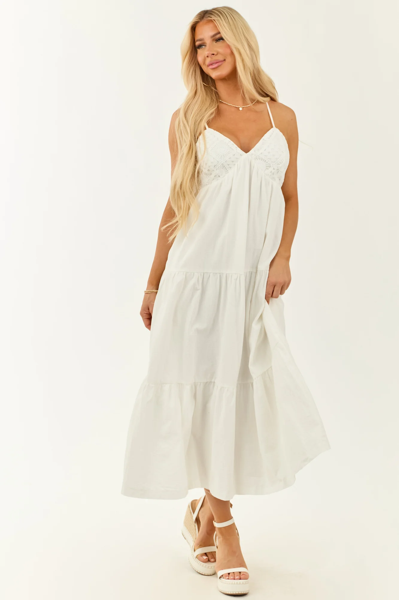 White Crochet V-Neck Maxi Dress - Summer Cotton Sleeveless Fashion