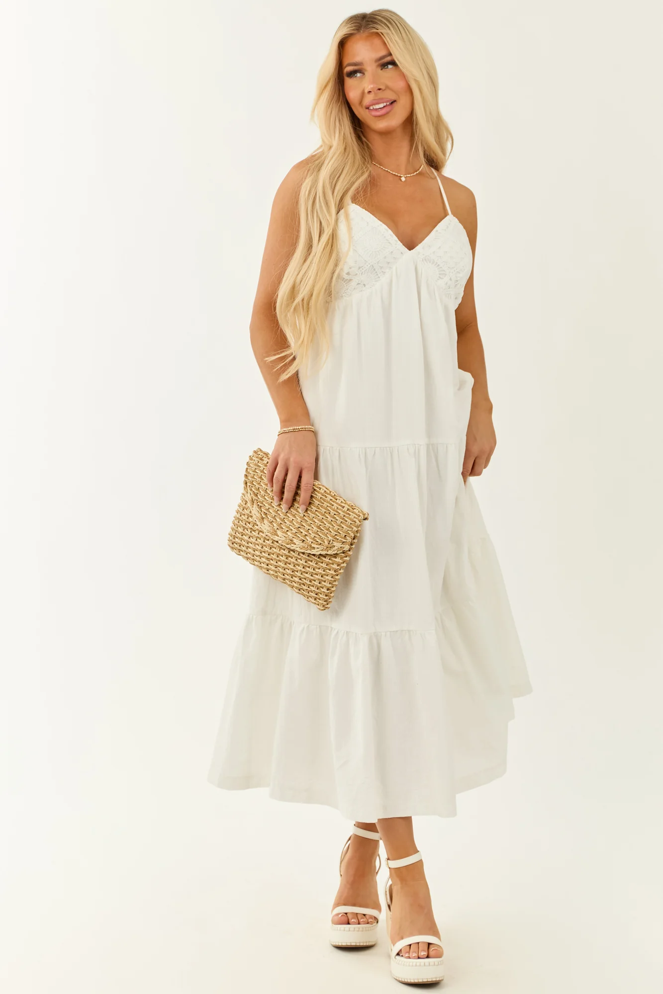 White Crochet V-Neck Maxi Dress - Summer Cotton Sleeveless Fashion
