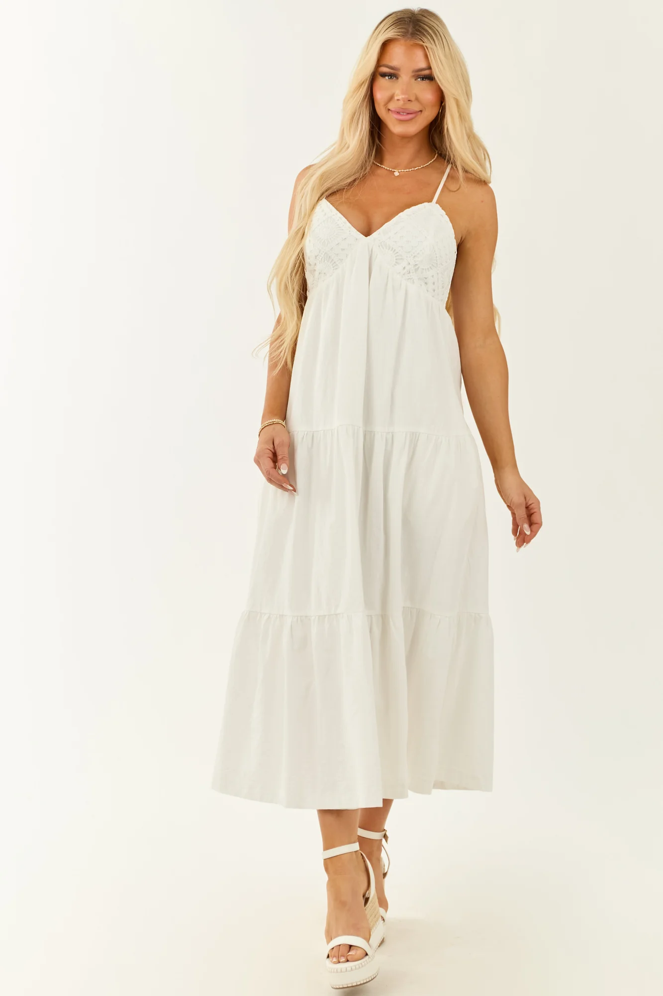White Crochet V-Neck Maxi Dress - Summer Cotton Sleeveless Fashion