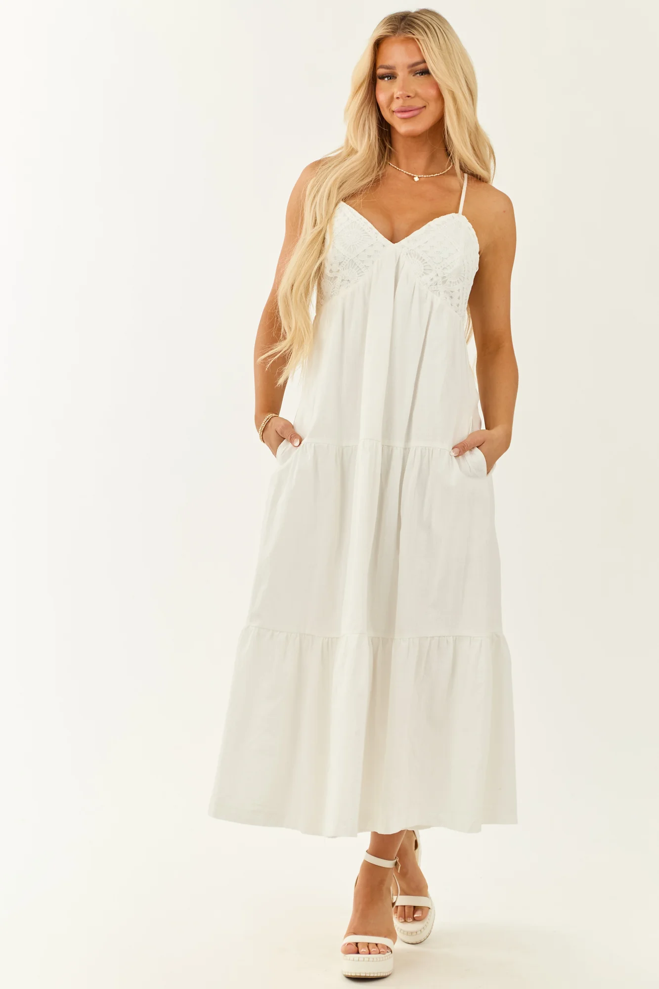 White Crochet V-Neck Maxi Dress - Summer Cotton Sleeveless Fashion