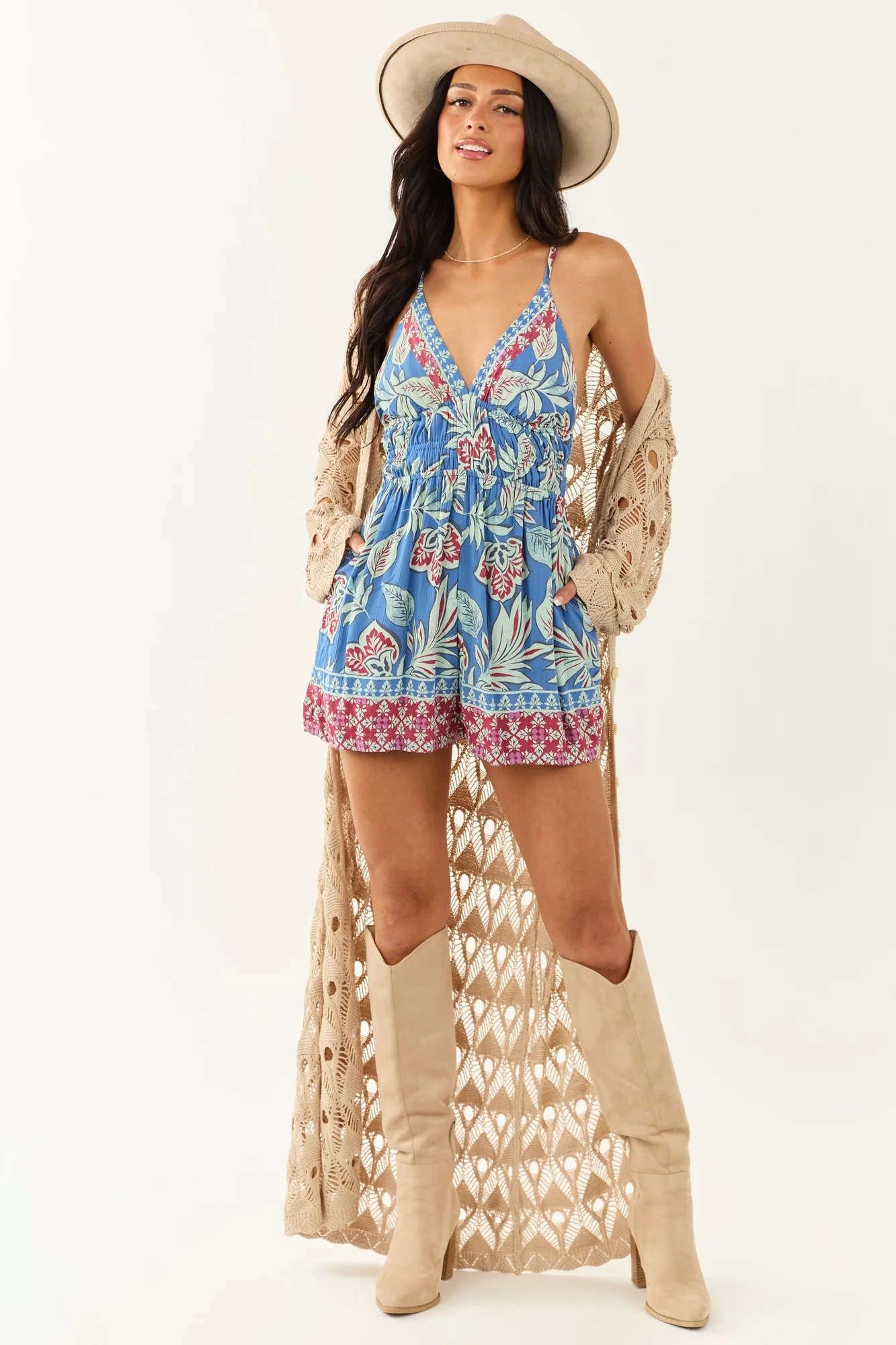 Flowy Floral Print Romper with Open Back