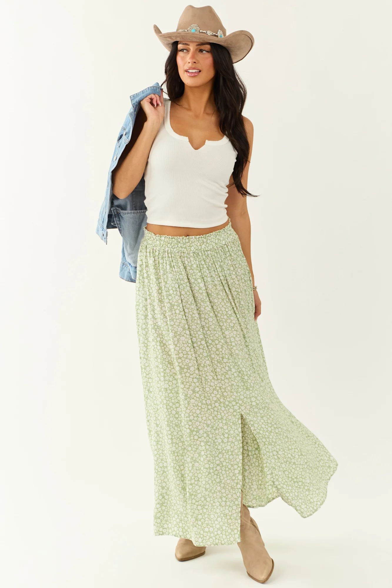Boho Pistachio Floral Smocked Maxi Skirt