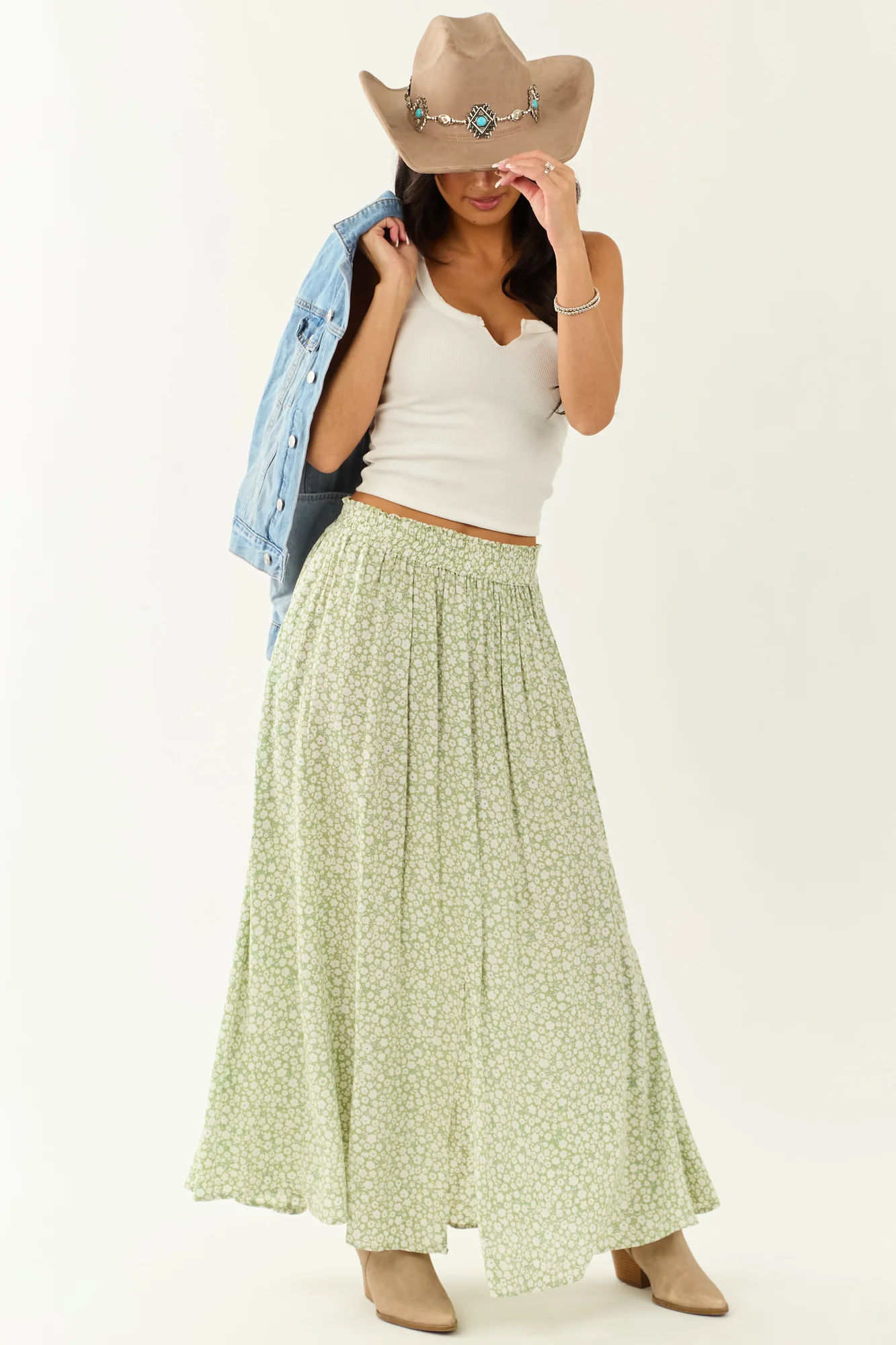 Boho Pistachio Floral Smocked Maxi Skirt