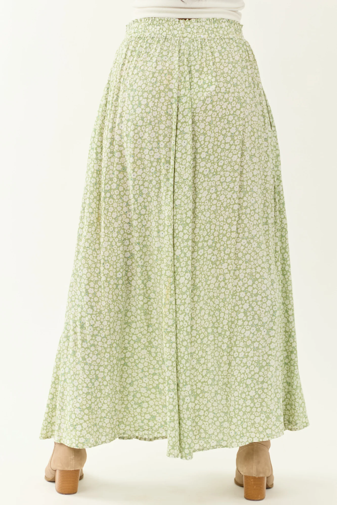 Boho Pistachio Floral Smocked Maxi Skirt