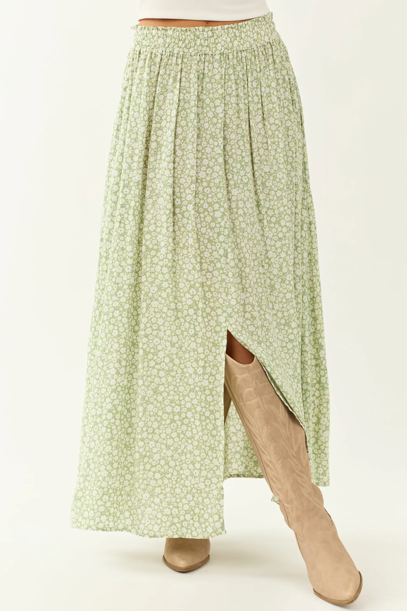 Boho Pistachio Floral Smocked Maxi Skirt