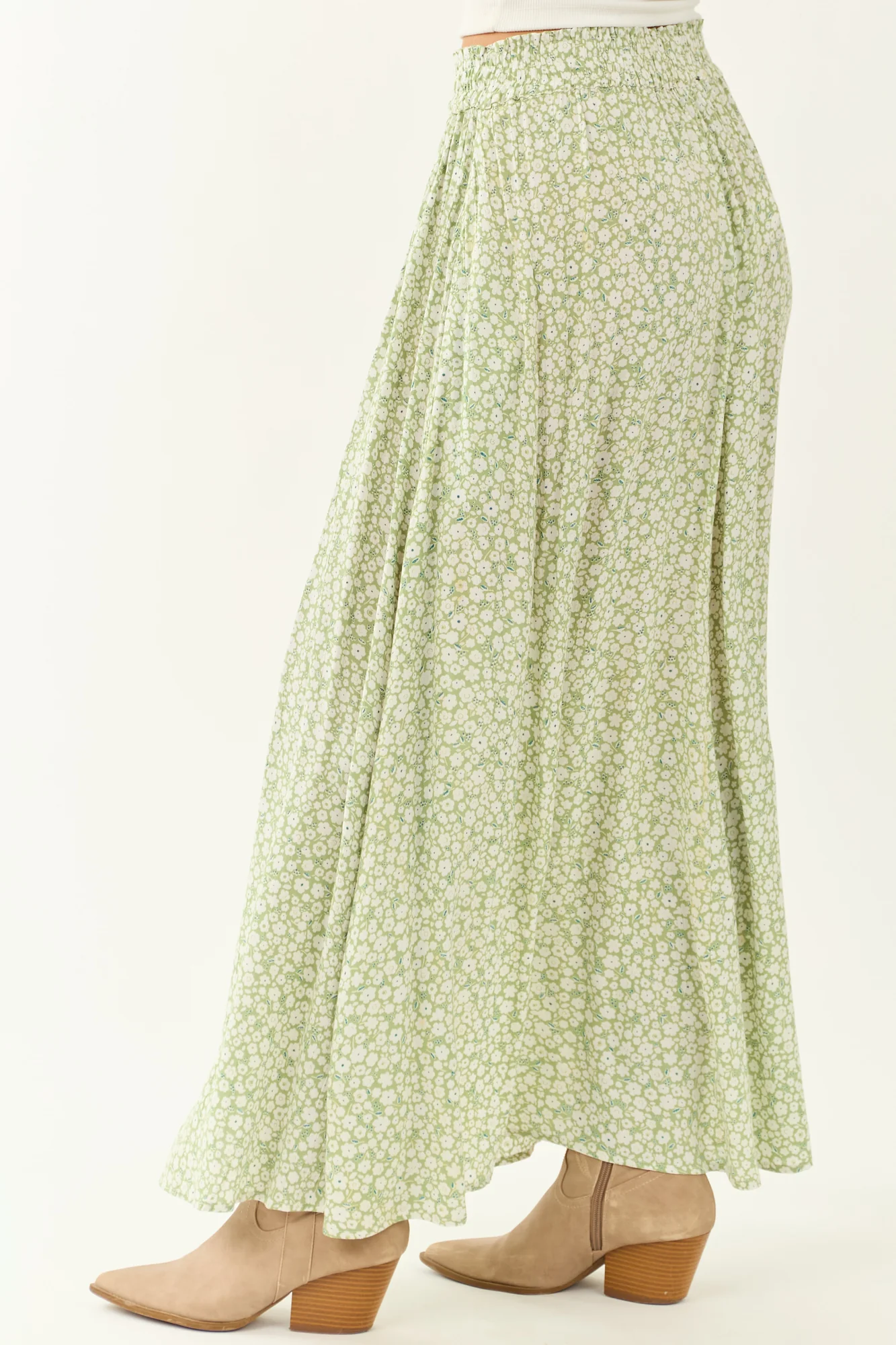 Boho Pistachio Floral Smocked Maxi Skirt