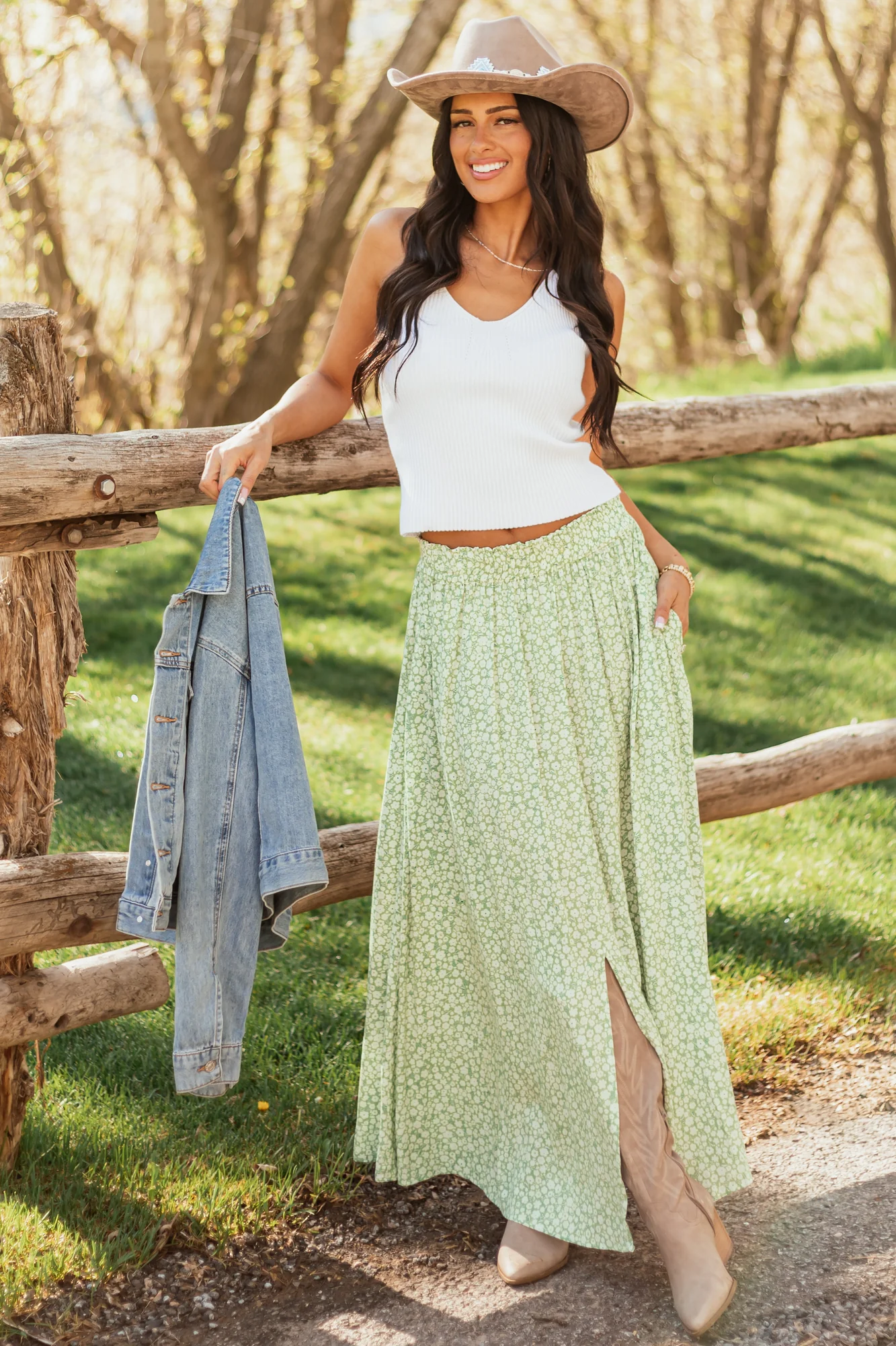 Boho Pistachio Floral Smocked Maxi Skirt