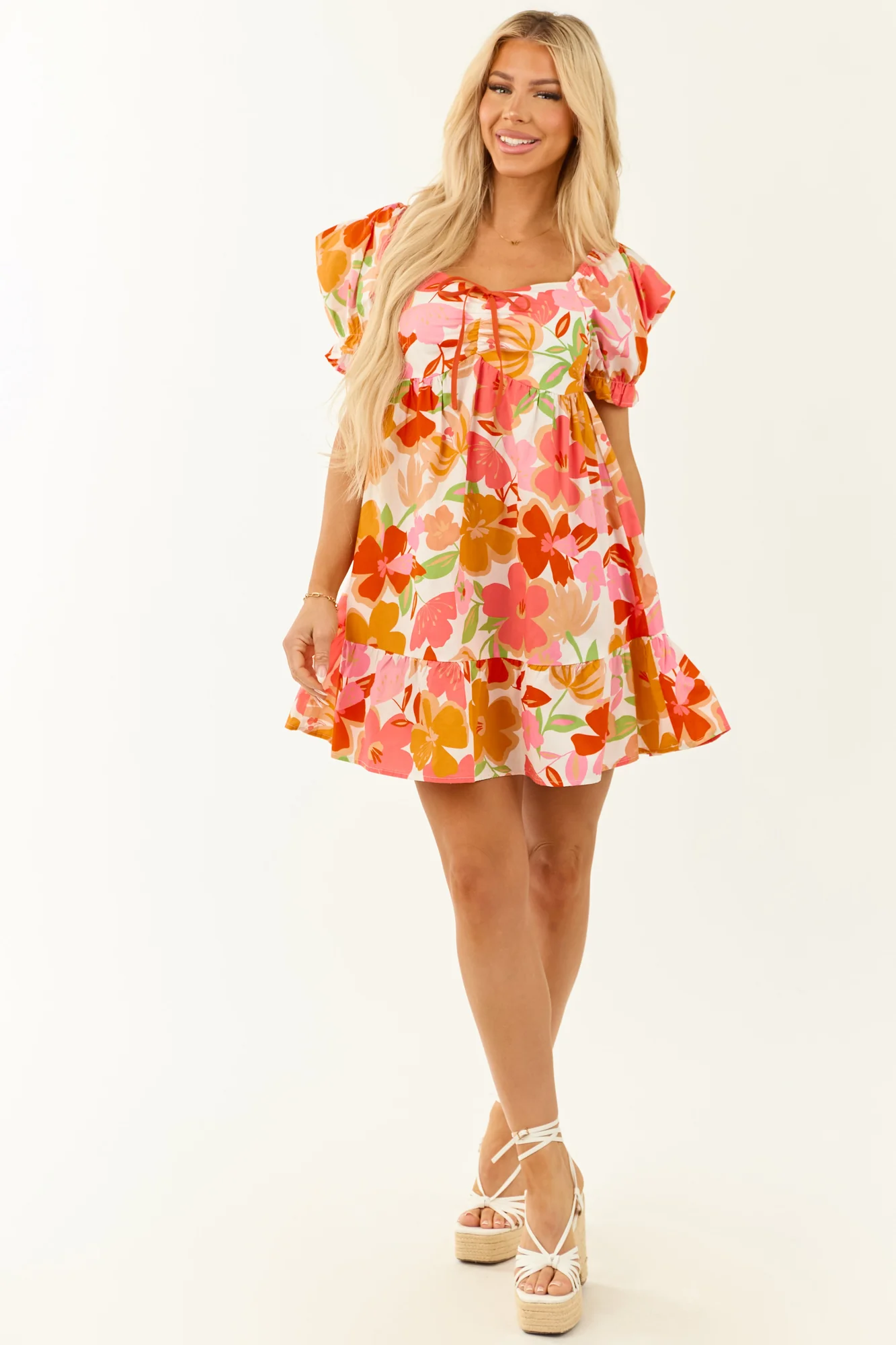 Floral Print Babydoll Puff Sleeve Dress in Various Sizes